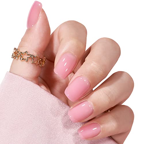 BTArtbox Jelly Square Press On Nails Short - 30PCS Reusable Semi-Transparent Fake Nails with Nail Glue Kit, 15 Sizes Natural Fit Soft Gel Stick On Nails in Pink Soda - Perfect for Daily Wear, Parties & Special Occasions