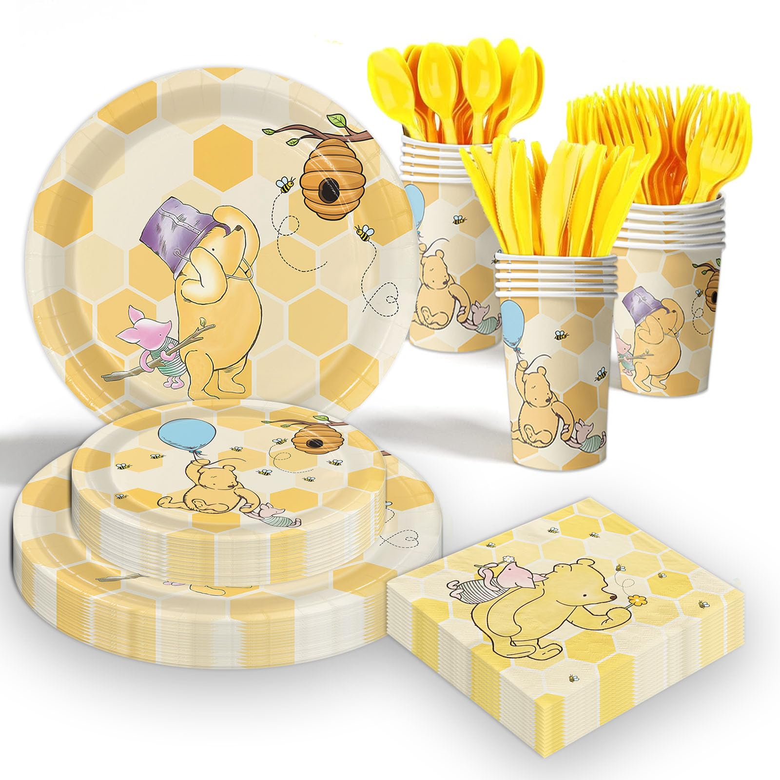 175-Piece Winnie the Pooh Baby Shower Party Supplies Set - Classic Pooh Bear Themed Plates, Napkins, Cups & Cutlery for 25 Guests | Gender Neutral Baby Shower Decorations & Birthday Party Tableware | Perfect for Baby Showers, First Birthdays and Themed Nursery Celebrations