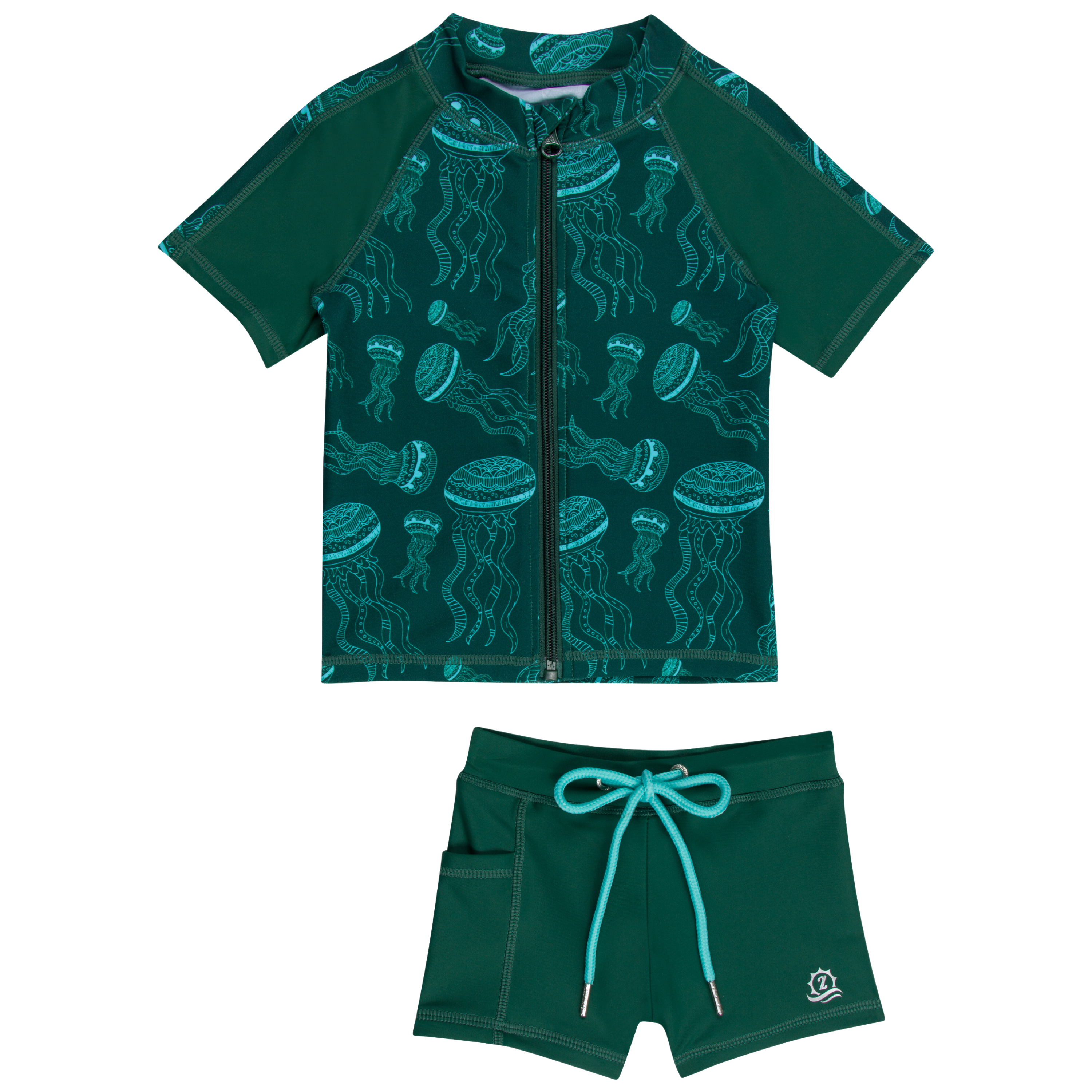 Kids Euro Shorties & Short Sleeve Rash Guard Swim Set - Jellyfish Print UV Protection for Beach, Pool & Water Play