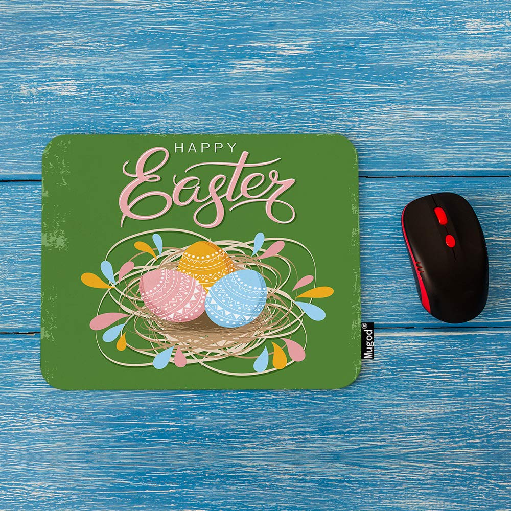 Happy Easter Mouse Pad - Eggs in The Nest Retro Doodle Design, Non-Slip Rubber Base Gaming Mouse Mat for Computer, Laptop, PC - Pink, Blue, Green, Yellow - 9.5x7.9 Inch - Perfect for Office, Home & Gaming Setup