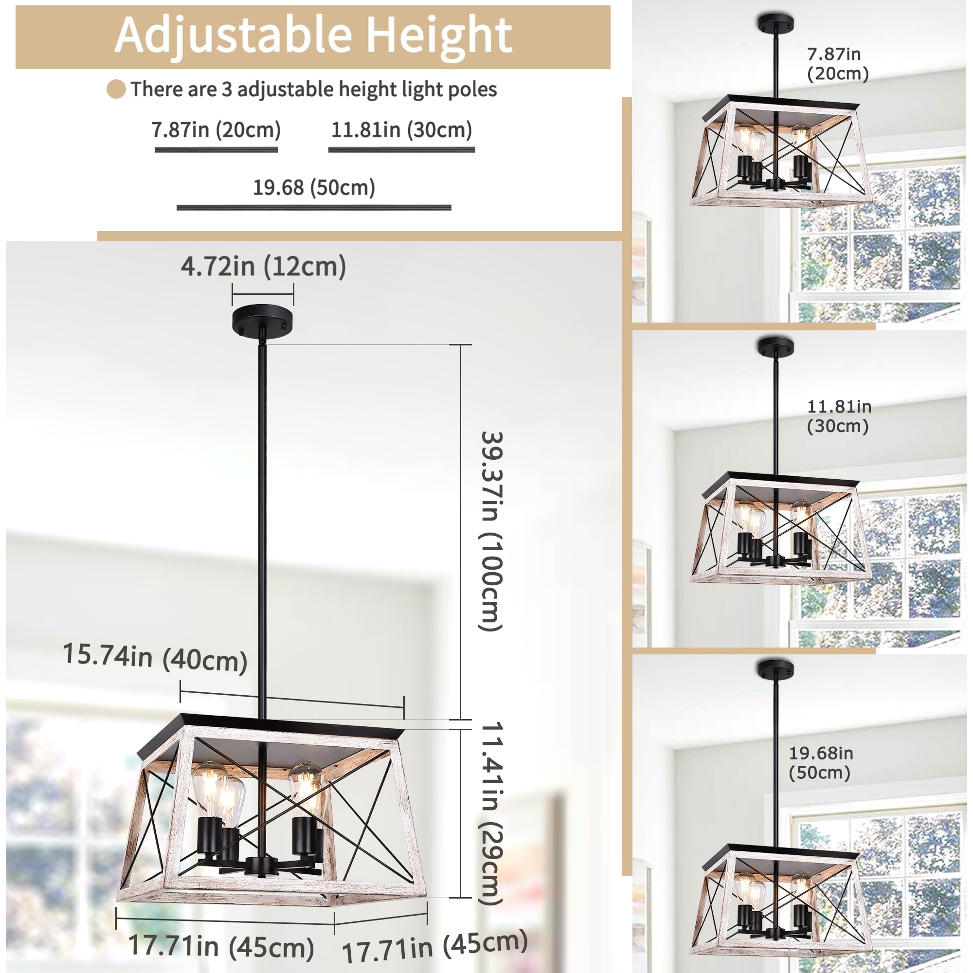 Rustic Farmhouse Chandelier - 4-Light White Wood Distressed Pendant Light for Dining Room, Kitchen Island, Entryway, Hallway & Foyer | Perfect for Country-Style Home Decor and Cozy Gatherings