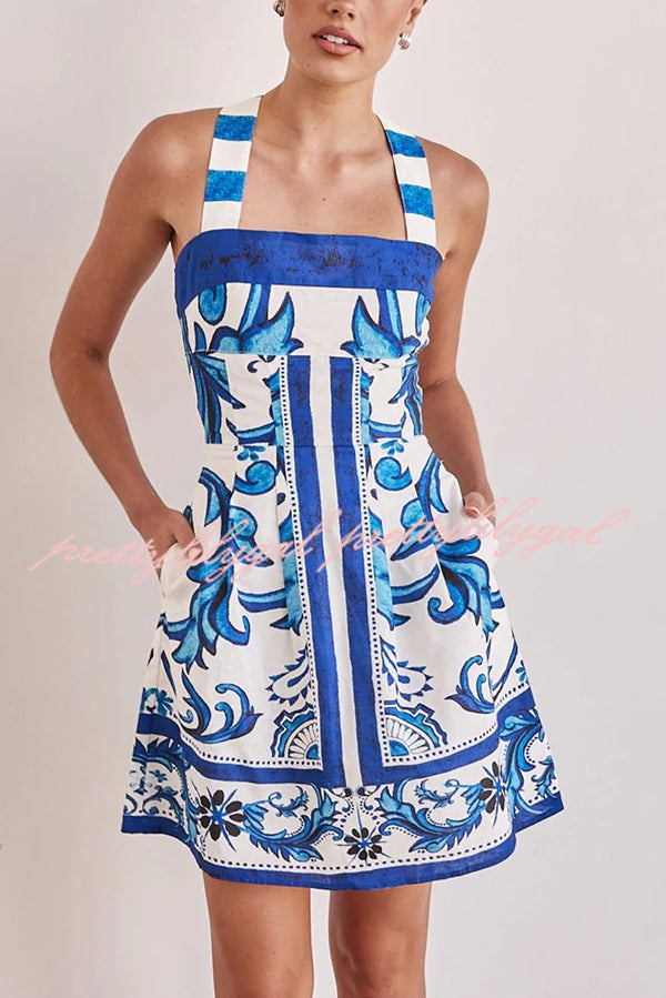 Stylish Summer Linen Blend Mini Dress with Unique Print, Wide Straps & Pockets - Perfect for Beach Vacations, Date Nights & Casual Outings