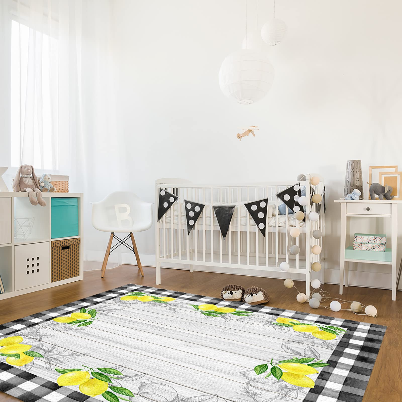 AmbeHome 5' x 7' Large Area Rug - Non-Slip Washable Floor Carpet for Bedroom, Living Room, Kitchen, Bathroom | Farmhouse Wooden Grain Checkered Design | Perfect for Home Decor, Summer Vibes & Outdoor Use