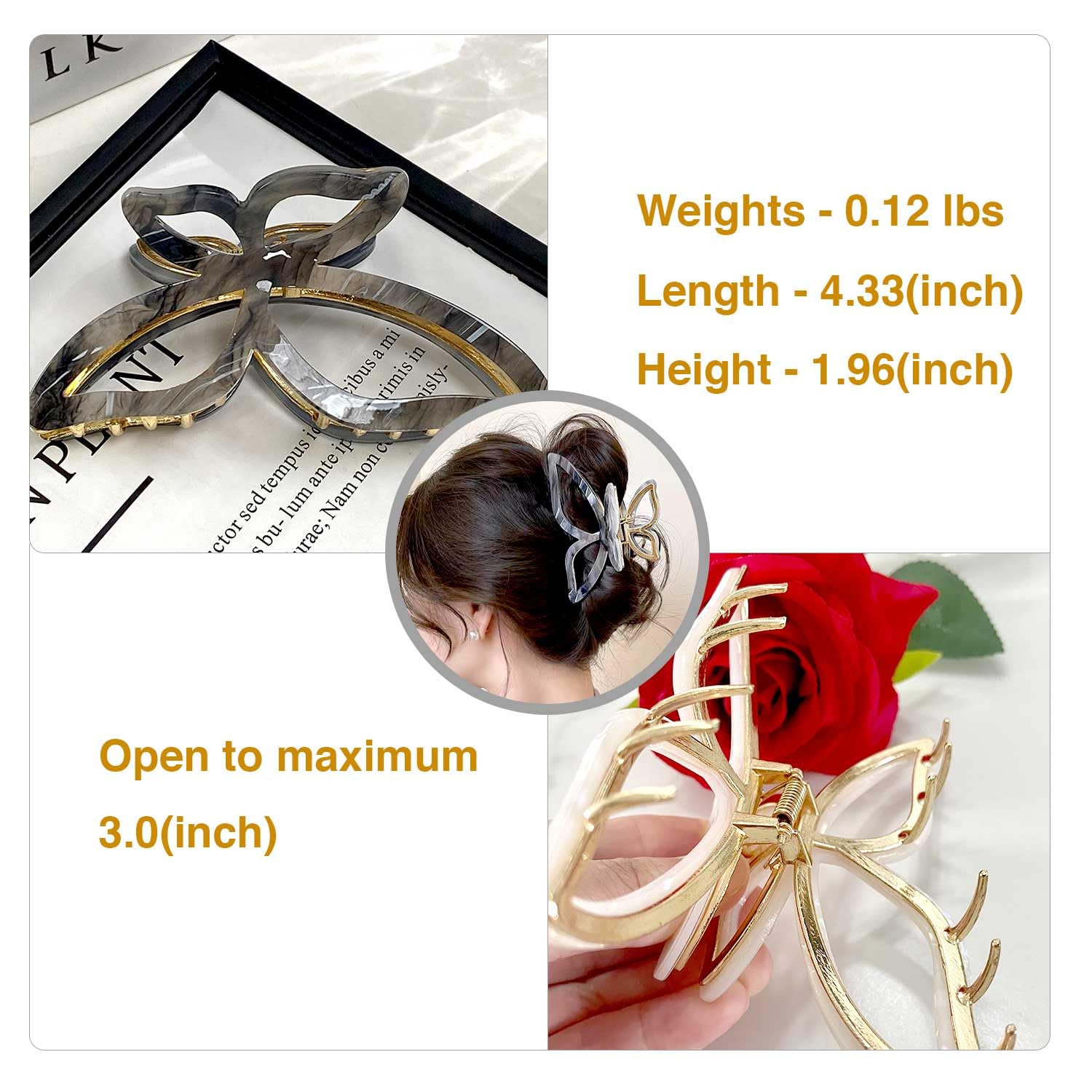 Large Butterfly Hair Claw Clip for Women - Acetate Metal Non-Slip Hair Clips for Thick Hair, Stylish Hair Accessories for Women & Teens (2-Pack) - Perfect for Ponytails, Buns & Everyday Hairstyles