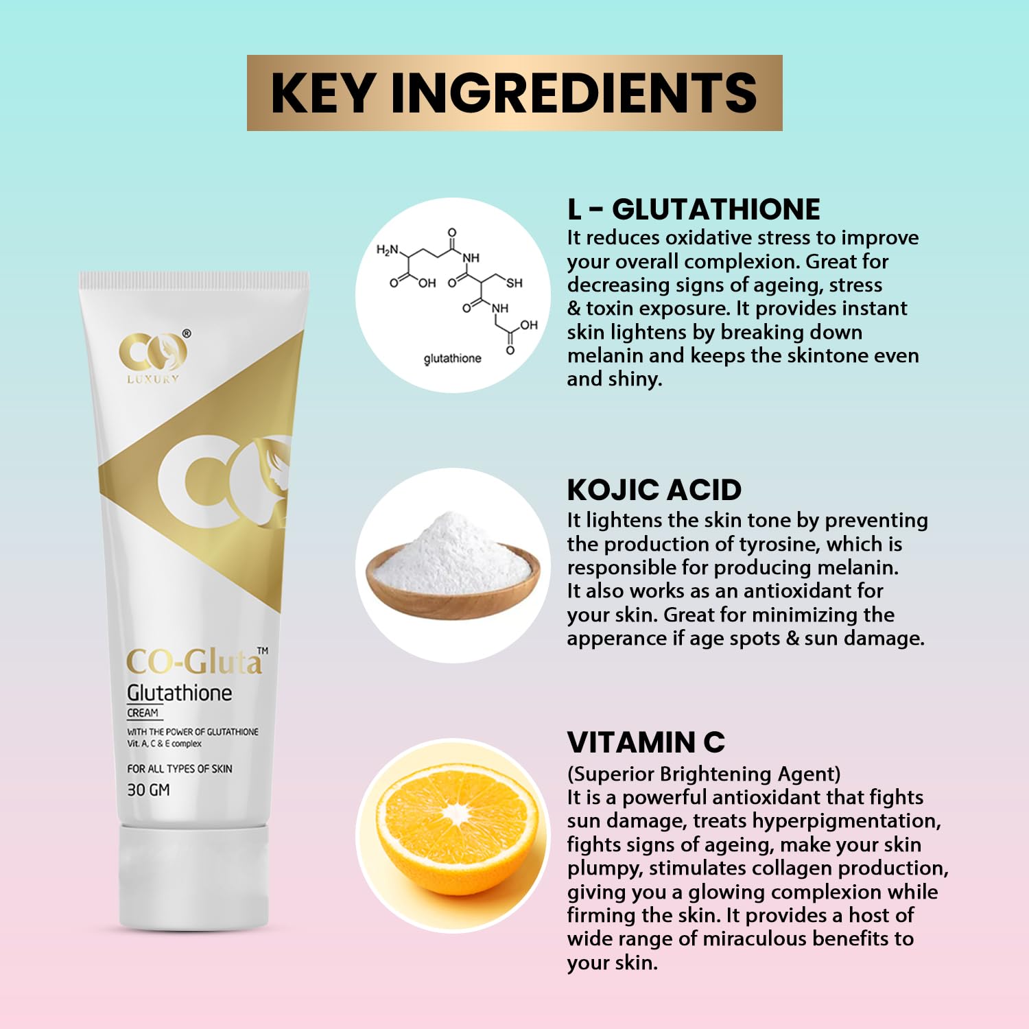 CO LUXURY Glutathione Skin Brightening Cream with Kojic Acid & Vitamin C - Dark Spot Corrector for Hyperpigmentation, Age Spots & Uneven Skin Tone | Whitening Face Moisturizer for Men & Women (30g) | Perfect for Daily Skincare Routine & Nighttime Use
