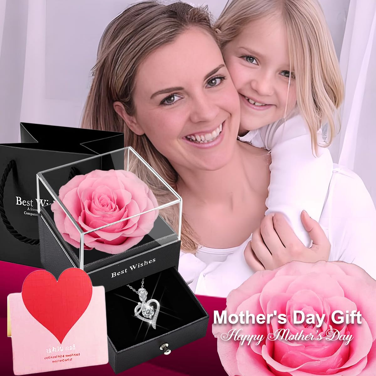 Preserved Rose Box with Necklace - S925 Sterling Silver '100 Love You' Heart Pendant, Artificial Eternal Rose Gift for Women (Pink) | Romantic Anniversary Present, Valentine's Day Gift, Mother's Day Gift Idea | Perfect for Wedding Proposals, Bridal Showers & Special Occasions