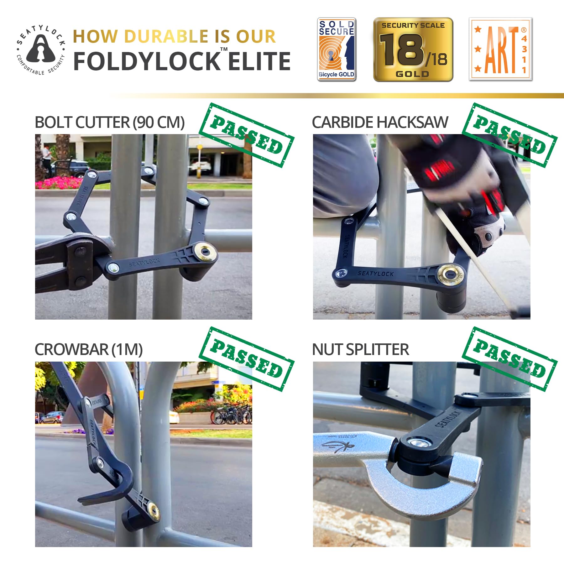Seatylock FoldyLock Elite Folding Bike Lock - 18/18 High Security Sold Secure Gold Rated Bicycle Lock - Heavy Duty Anti-Theft with Keys & Mount Case - 43.3