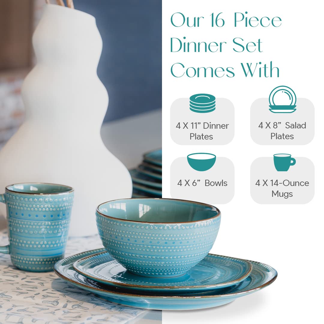 American Atelier 16-Piece Teal Stoneware Dinnerware Set - Includes Dinner Plates, Salad Plates, Bowls & Mugs - Durable Ceramic Tableware for Everyday Dining, Dinner Parties & Restaurant Use