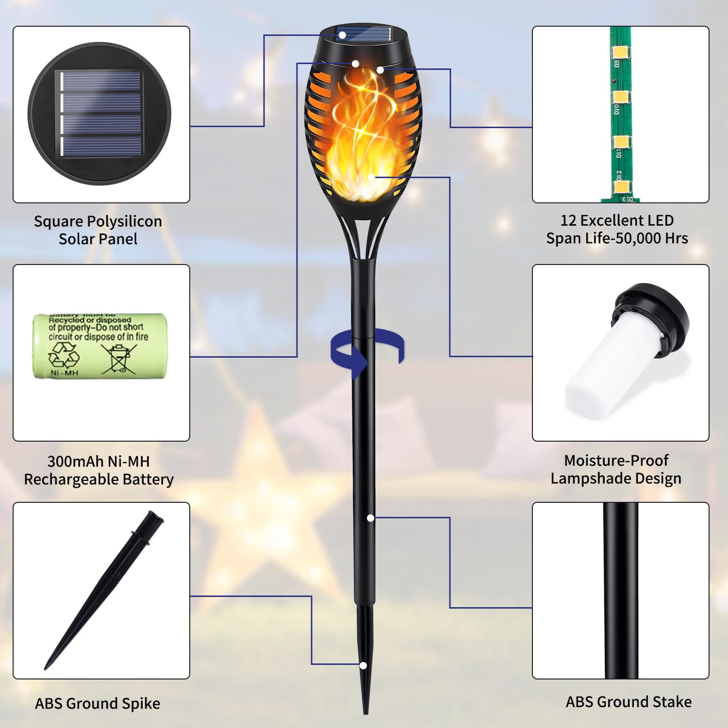 12 Pack Solar Torch Lights with Flickering Flame - Waterproof Outdoor Solar Lights for Yard, Garden, Patio Decor - Perfect for Backyard Parties, Pathway Lighting, and Outdoor Ambiance