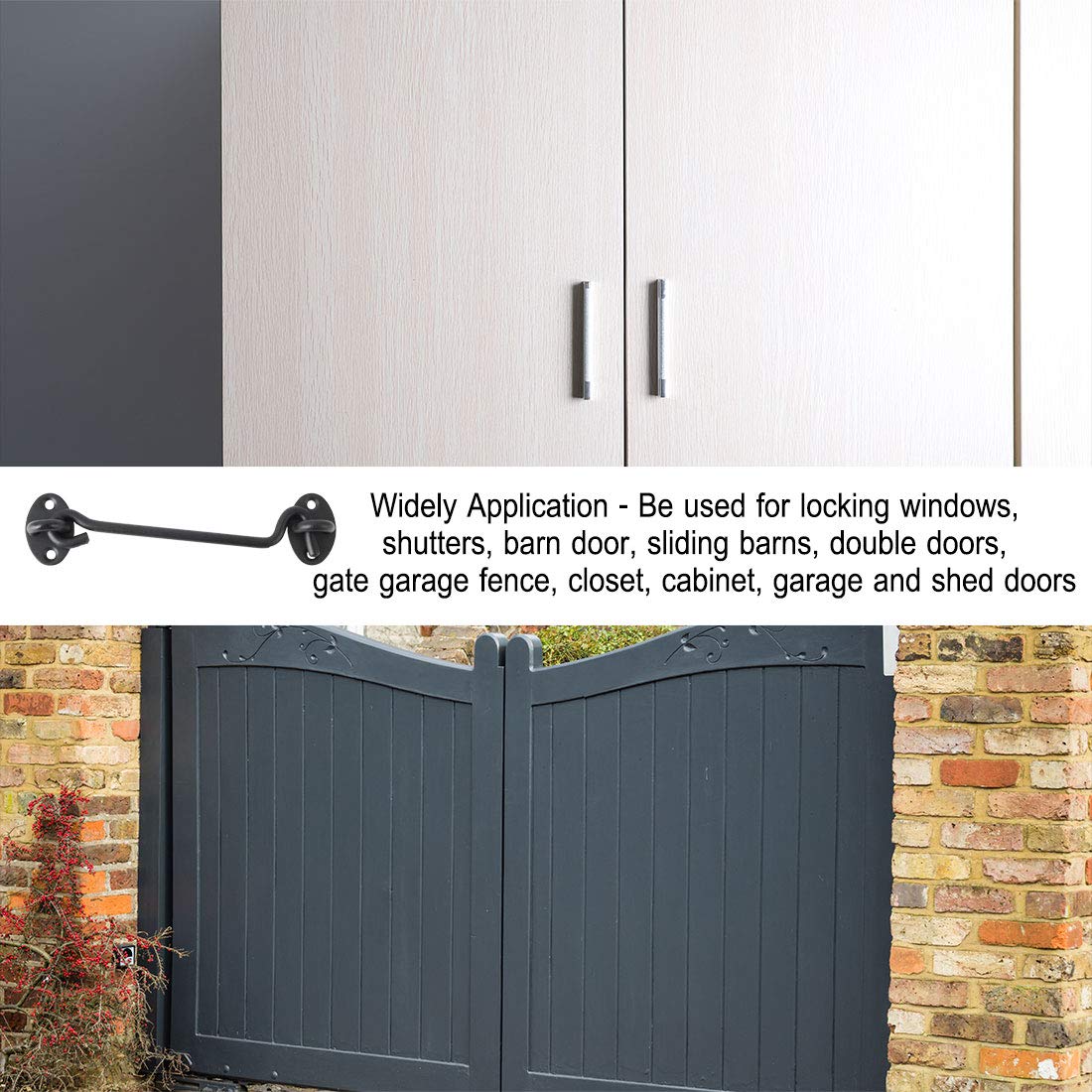 uxcell 8 Inch Stainless Steel Cabin Hook with Screws - Black Eye Latch Privacy Hook for Doors, Gates, Windows, Shutters, Barns & Sheds (2 Pack) - Secure Sliding Doors & Enhance Privacy