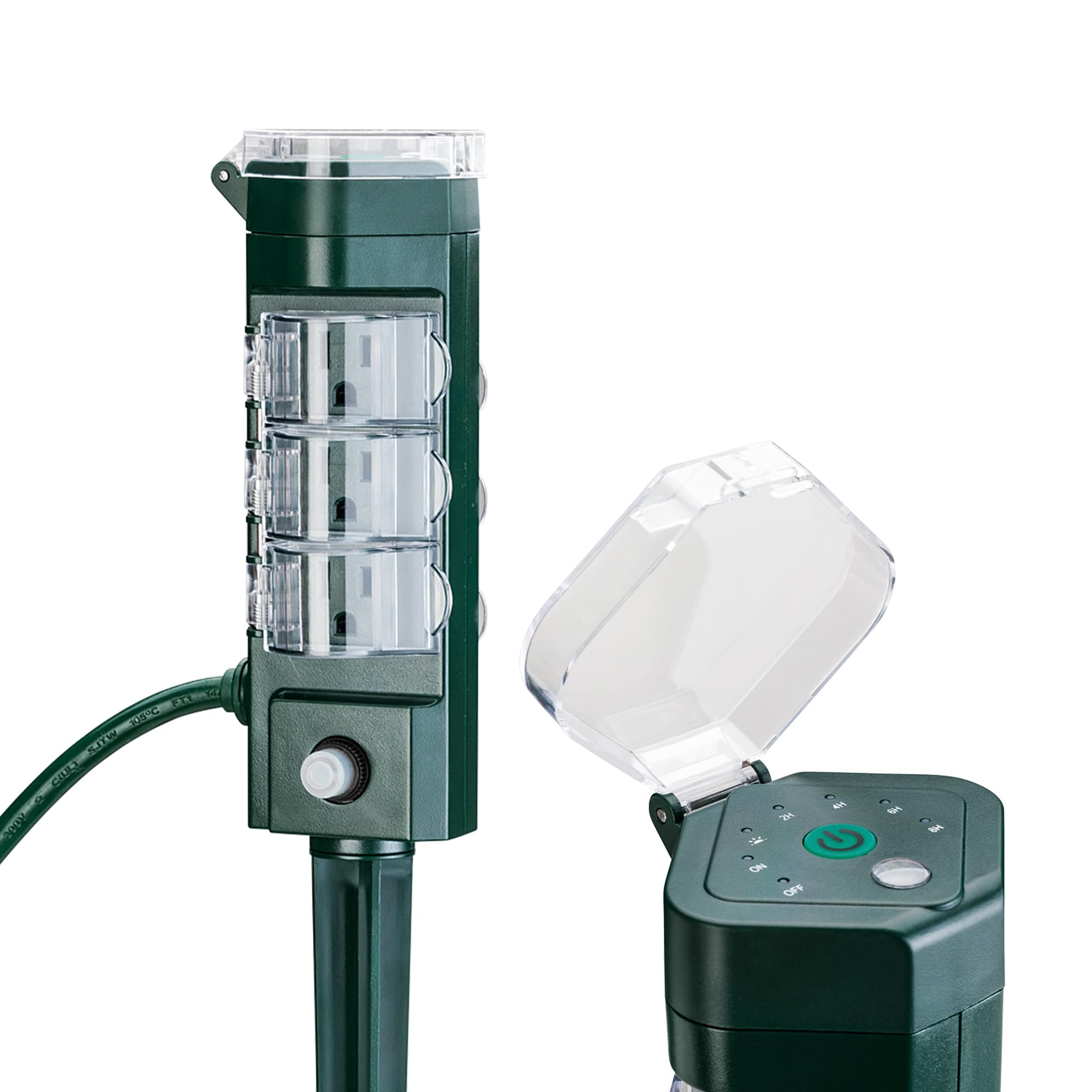 HBN Outdoor Power Strip with Photocell Sensor - 6 Outlet Weatherproof Extension Cord with Dusk to Dawn Timer & Yard Stake Countdown (2/4/6/8 Hours) - Perfect for Outdoor Lights, Christmas Decorations, Patio & Garden Use