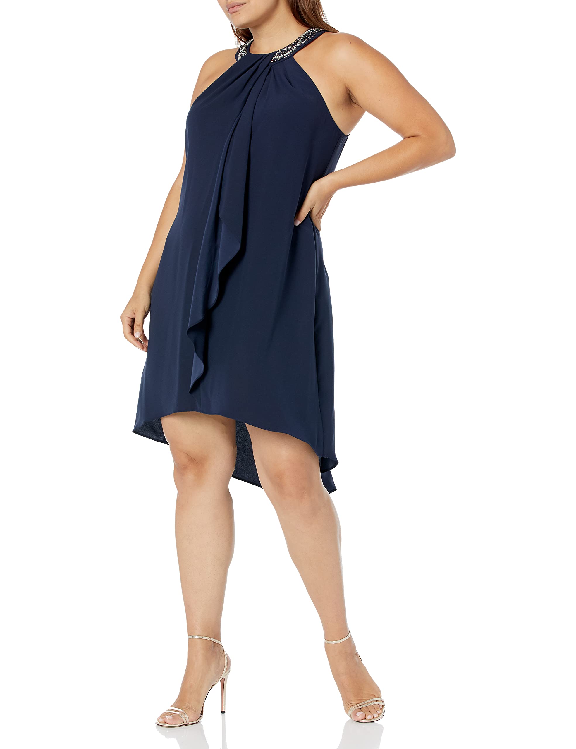 S.L. Fashions Women's Plus Size Jewel Neck Hi-Low Halter Dress - Elegant & Flattering Summer Party Outfit for Weddings, Beach Vacations & Date Nights