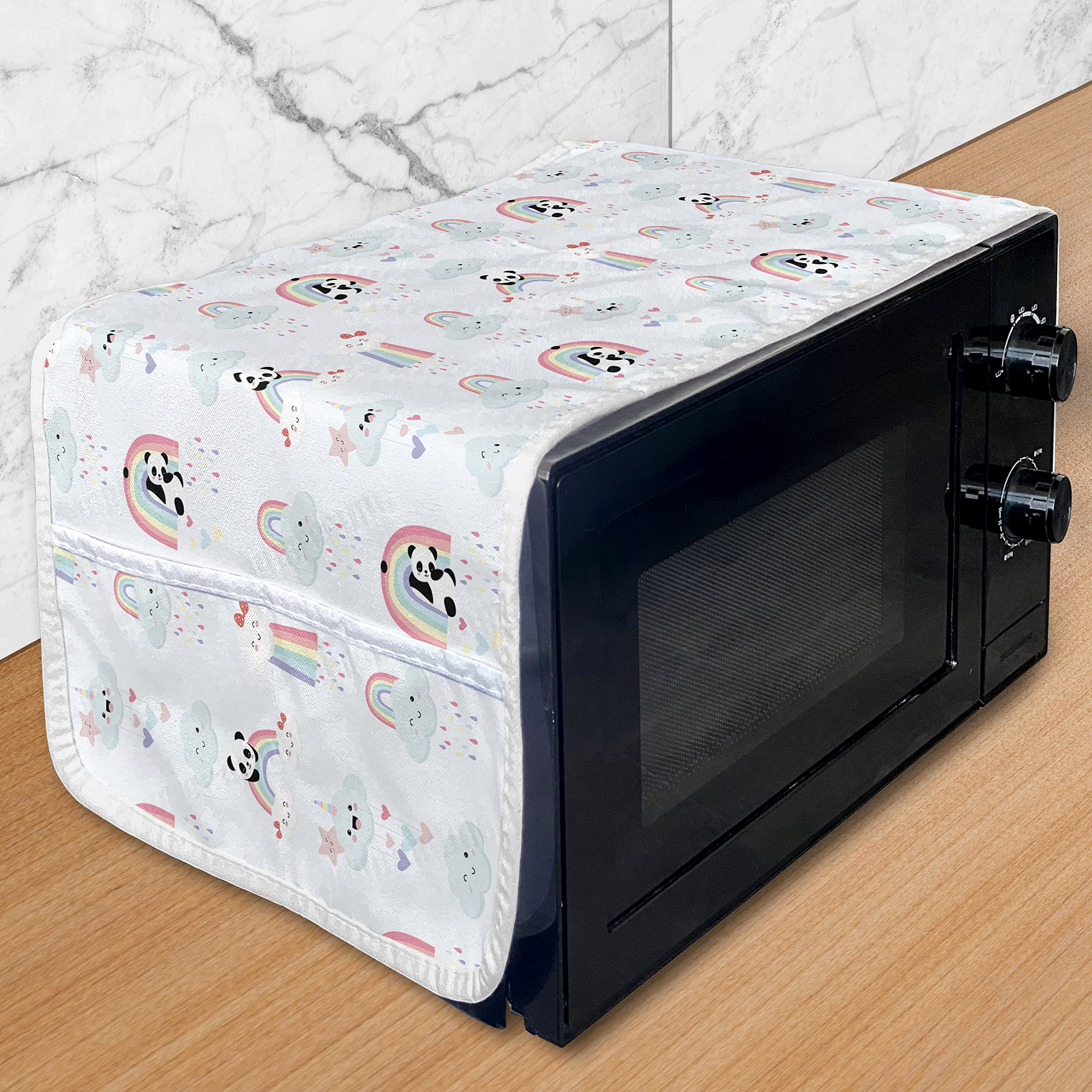 Ambesonne Panda Microwave Cover - Hand-Drawn Doodle Style with Unicorns, Clouds, Rain & Hearts - Waterproof Kitchen Organizer with Pockets - 36 x 12 Inches Multicolor - Perfect for Home, Dorm & Office Use