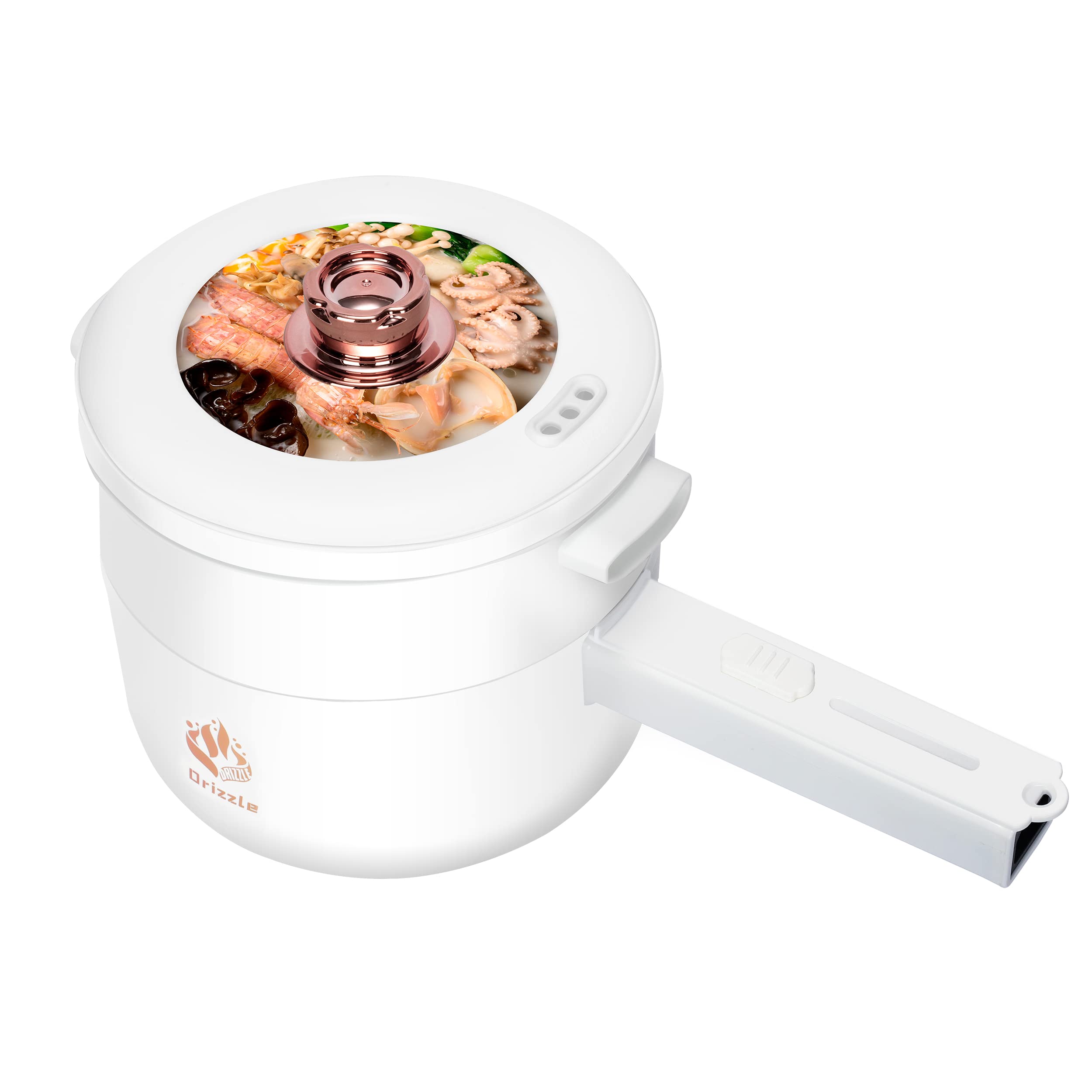 Drizzle 1.8L Electric Hot Pot Cooker - Multifunctional Non-Stick Steamer & Boiler for Dorm, Office & Travel - Fast Cooking for Ramen, Noodles, Pasta, Oatmeal, Eggs & Stir Fry - Overheat & Dry Burn Protection - Compact Portable Design (Mechanical White) - Perfect for College Students, Small Kitchens & Quick Meals
