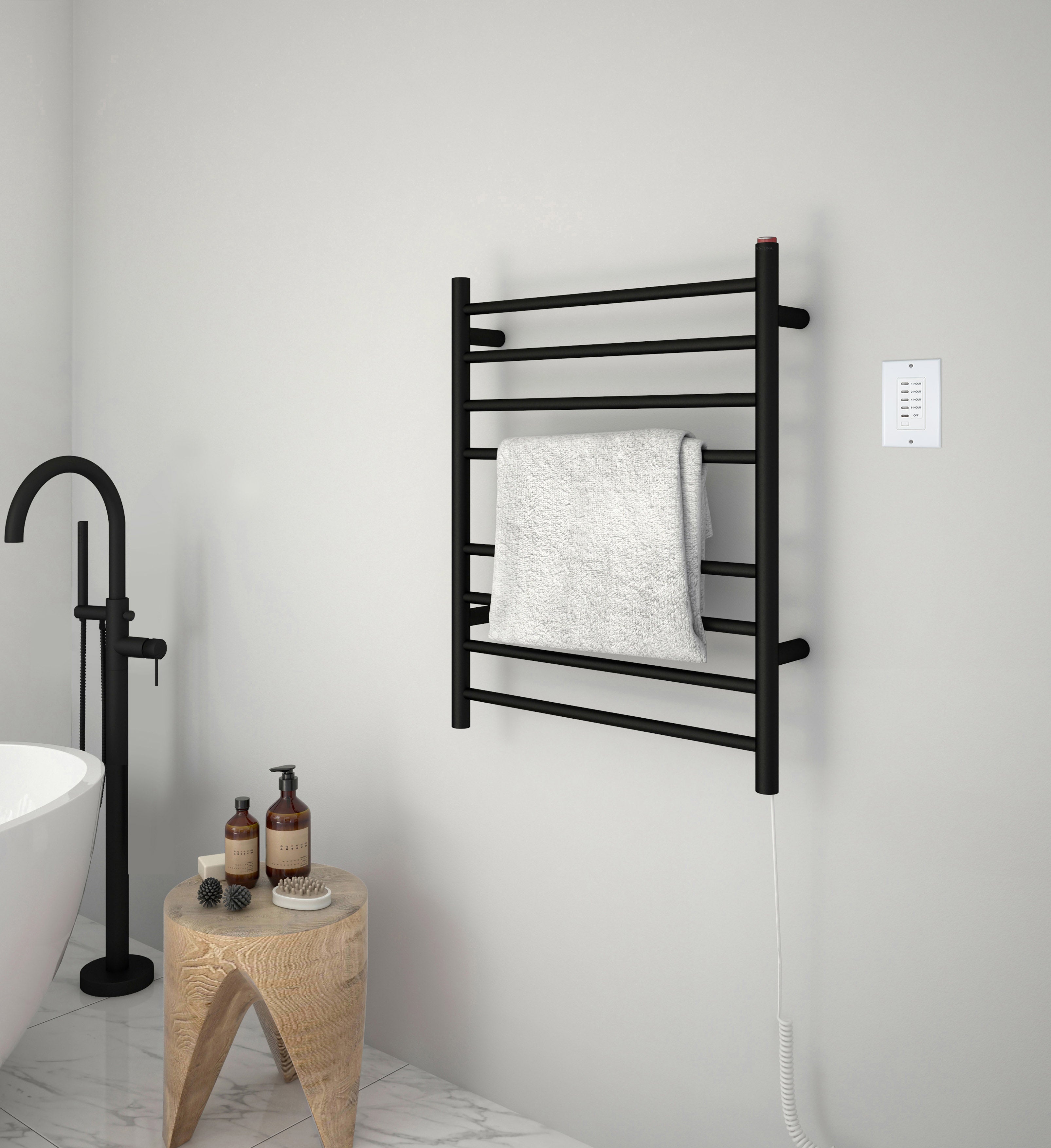 Premium Dual 8 Bar Hardwired & Plug-in Towel Warmer - Matte Black Finish with Wall-Mounted Countdown Timer | Bathroom Luxury, Spa Experience, Hotel-Style Warm Towels