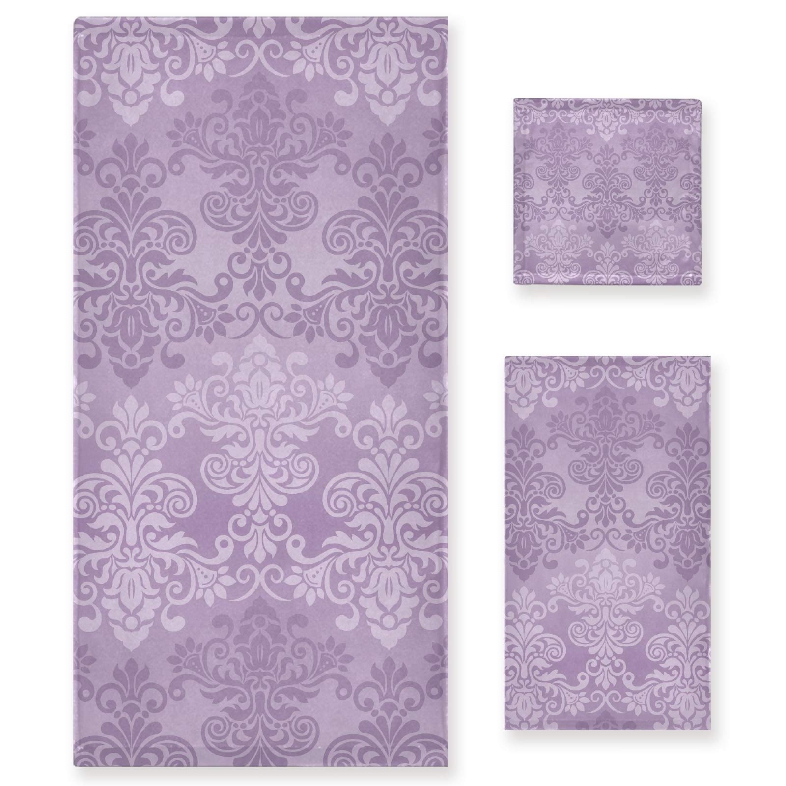 ALAZA 3-Piece Luxury Bath Towel Set - Soft, Highly Absorbent Purple Damask Floral Design (1 Bath Towel, 1 Hand Towel, 1 Washcloth) for Bathroom, Spa, Gym, Beach & Home Decor