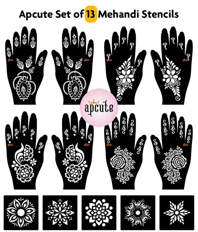APCUTE 13-Piece Mehndi Stencil Kit | Easy 4-Step Temporary Henna Tattoo Stickers for Full Hand Designs - Perfect for Women & Girls | DIY Body Art for Weddings, Festivals & Special Occasions