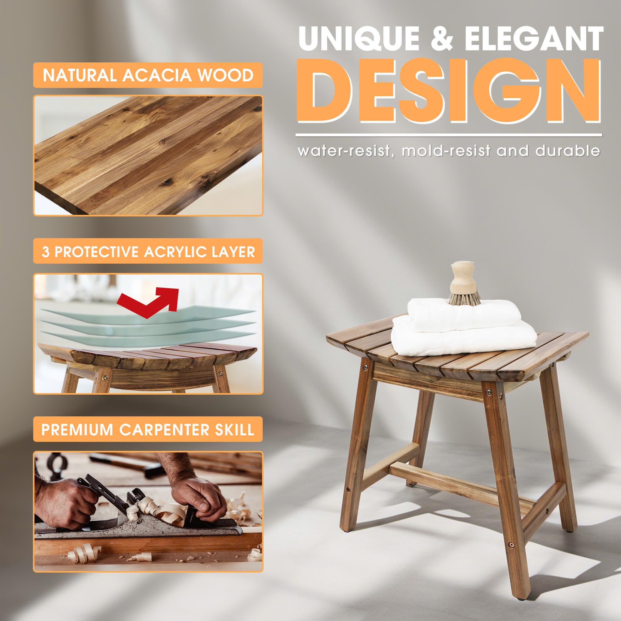 Acacia Wood Shower Stool - 18 Inch Waterproof Bath Bench for Adults & Seniors - Non-Slip Spa Seat for Shaving Legs & Relaxing - Perfect for Elderly Safety & Bathroom Comfort (Use in Showers, Bathtubs & Wet Rooms)
