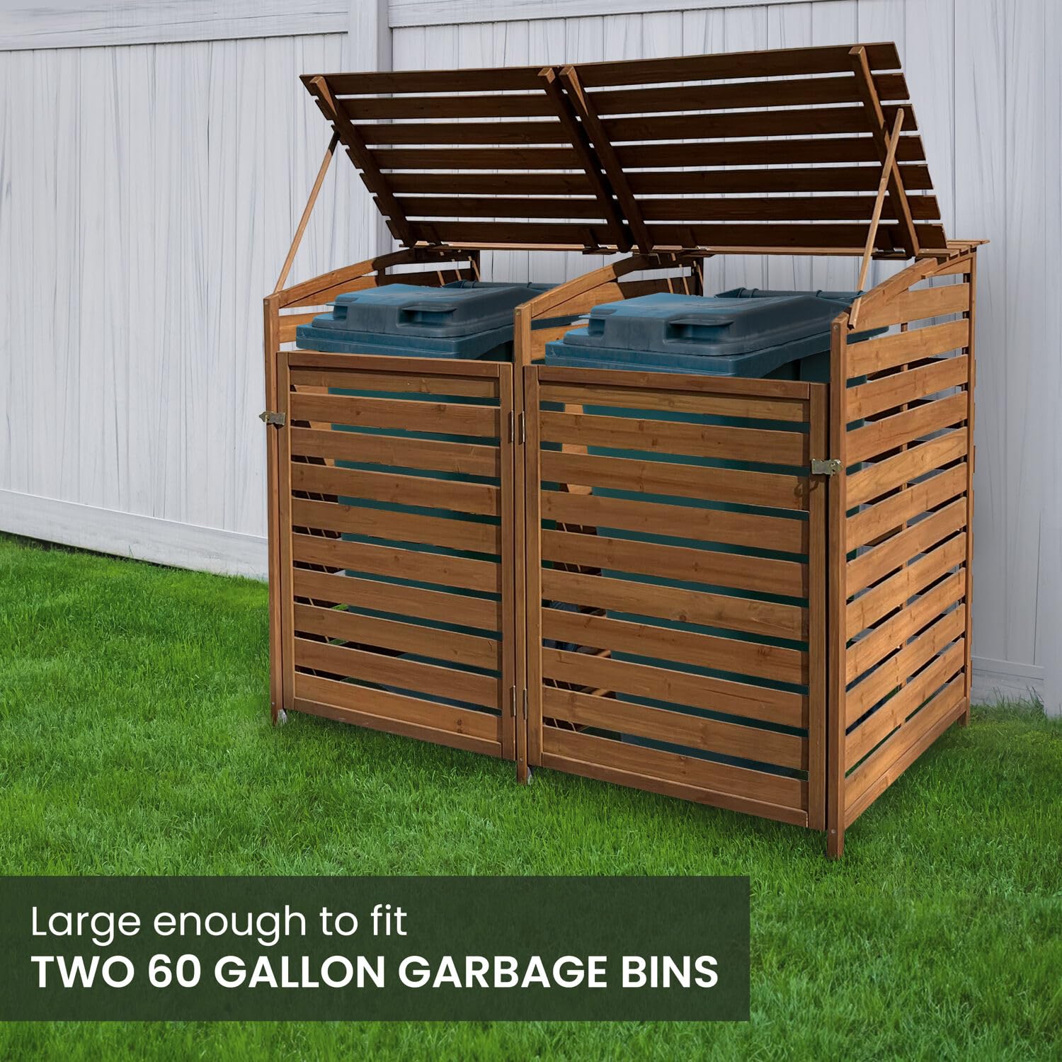 Hanover Outdoor 4.9-ft x 4-ft Weatherproof Wooden Trash Bin & Recycling Storage Shed with Locking Latch - Brown - Perfect for Yard, Carport, Driveway, Garage & Backyard Organization