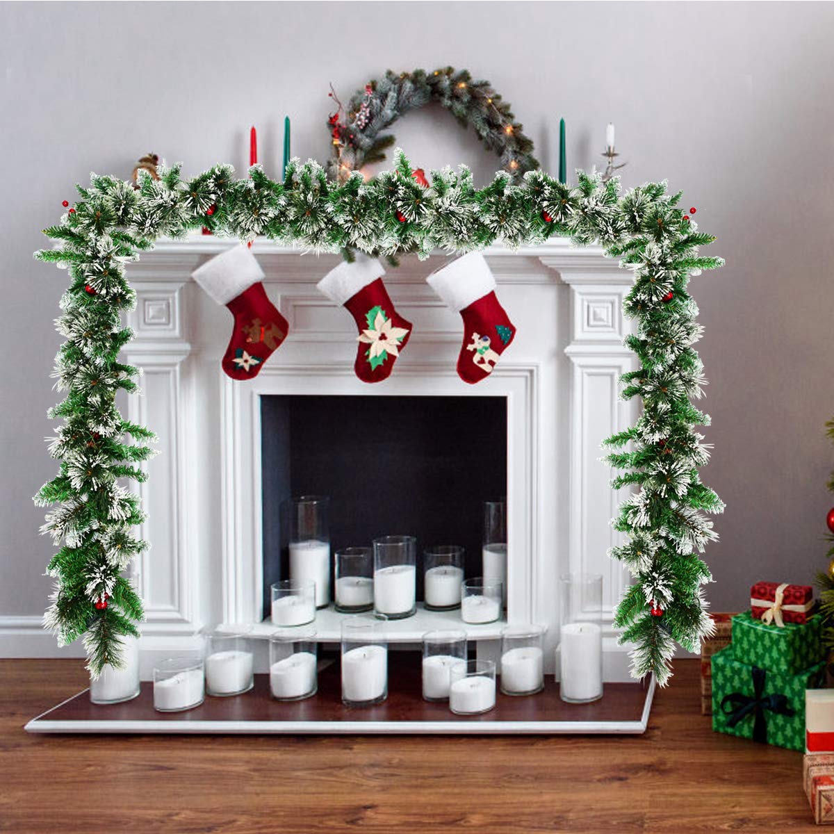 Goplus 9FT Pre-lit Artificial Christmas Garland with 50 LED Lights & Red Berries - Pine Rattan Holiday Decor with Timer for Christmas Tree, Mantel, Staircase, Wedding & Party Decorations