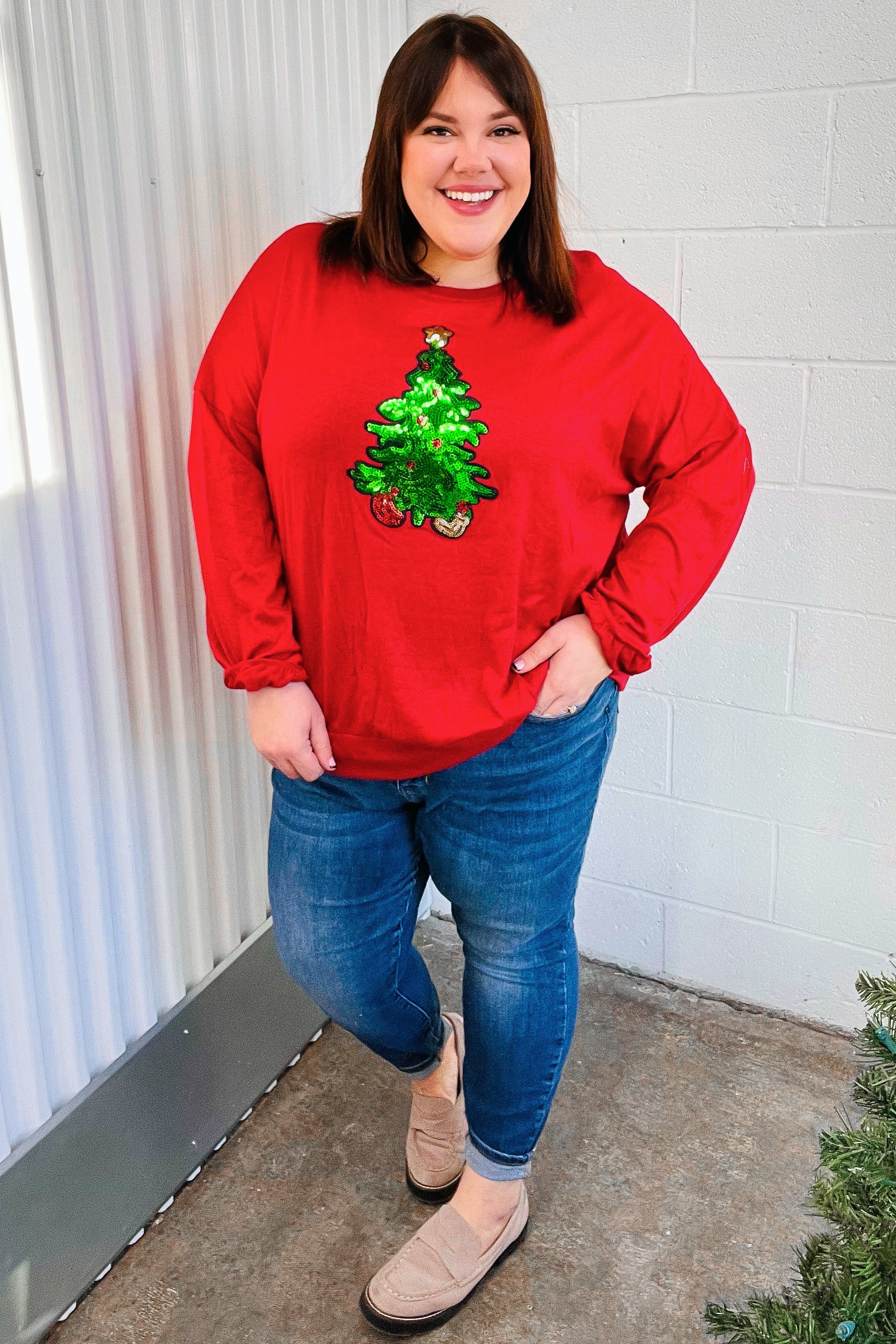 More The Merrier Red Sequin Christmas Tree Hacci Top - Festive Holiday Party Blouse for Women, Christmas Dinner & New Year Celebration Outfit