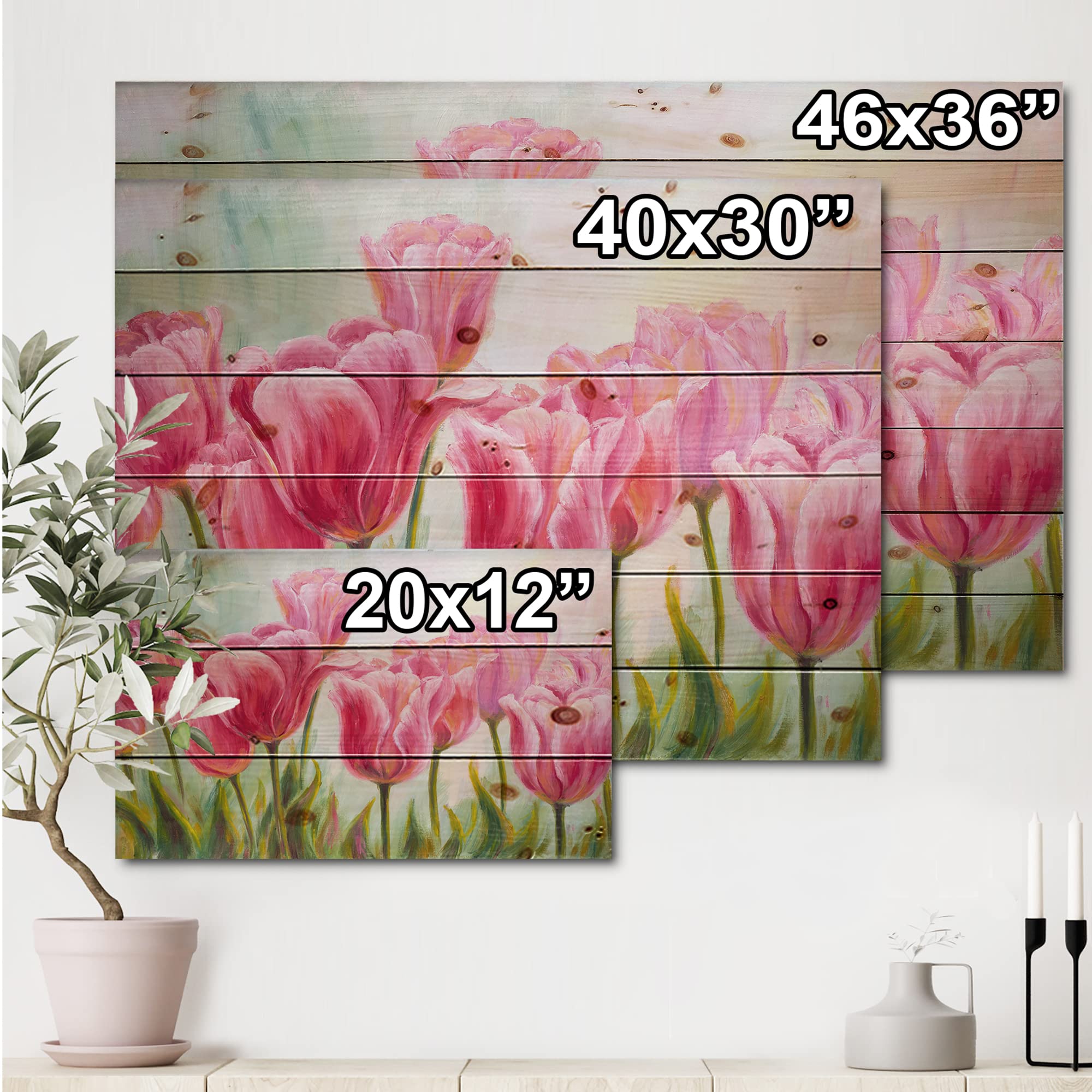 DesignQ Tulips Flowers Blossoming Traditional Wood Wall Decor - Pink Floral Wood Wall Art, Large Printed Pine Wood Panel for Home & Office Decoration | Perfect for Living Room, Bedroom, Kitchen & Office Spaces