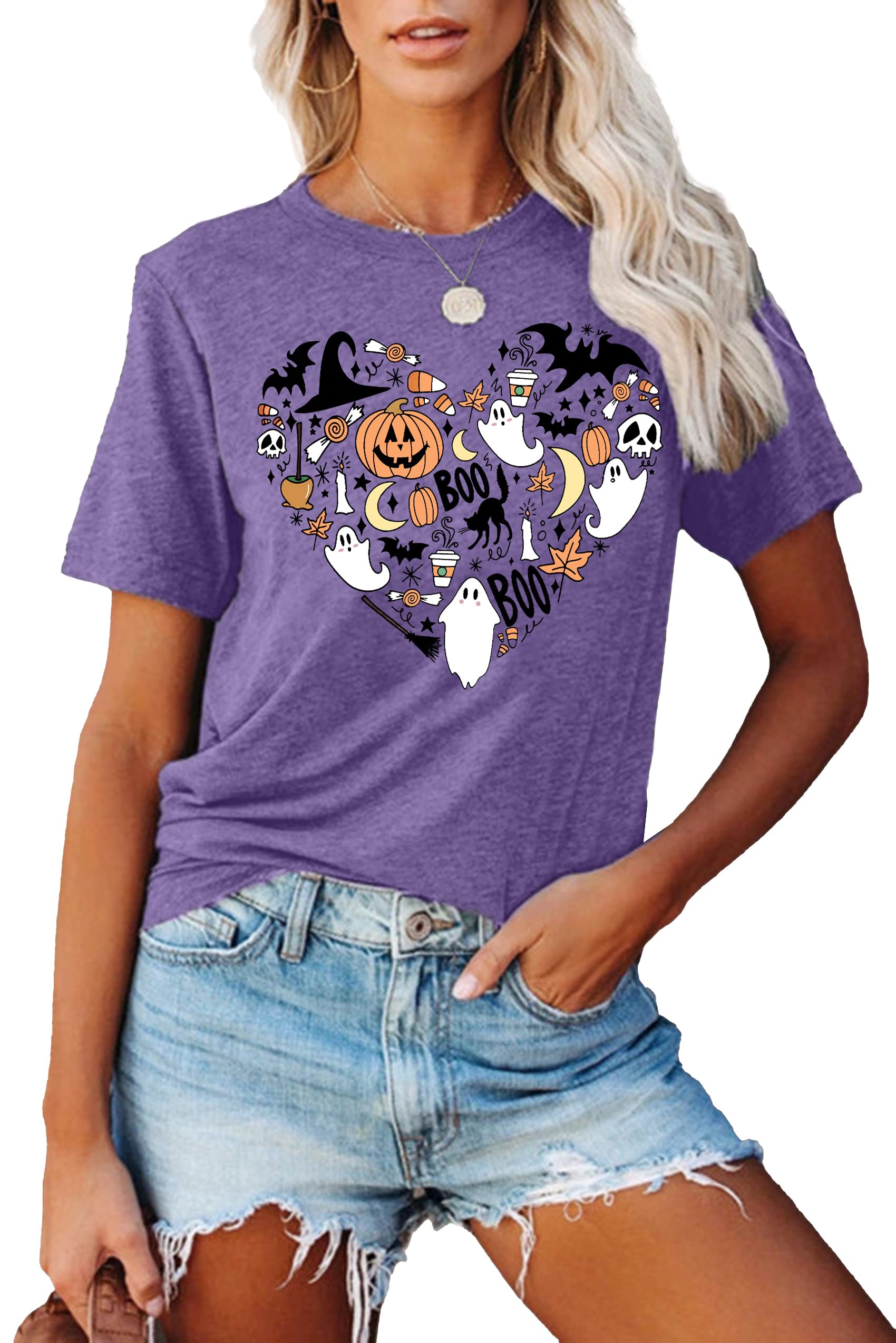 Halloween T-Shirts for Women - Hocus Pocus Funny Pumpkin Heart Graphic Tee - Boo Short Sleeve Fall Top - Perfect for Halloween Parties & Spooky Season Outfits