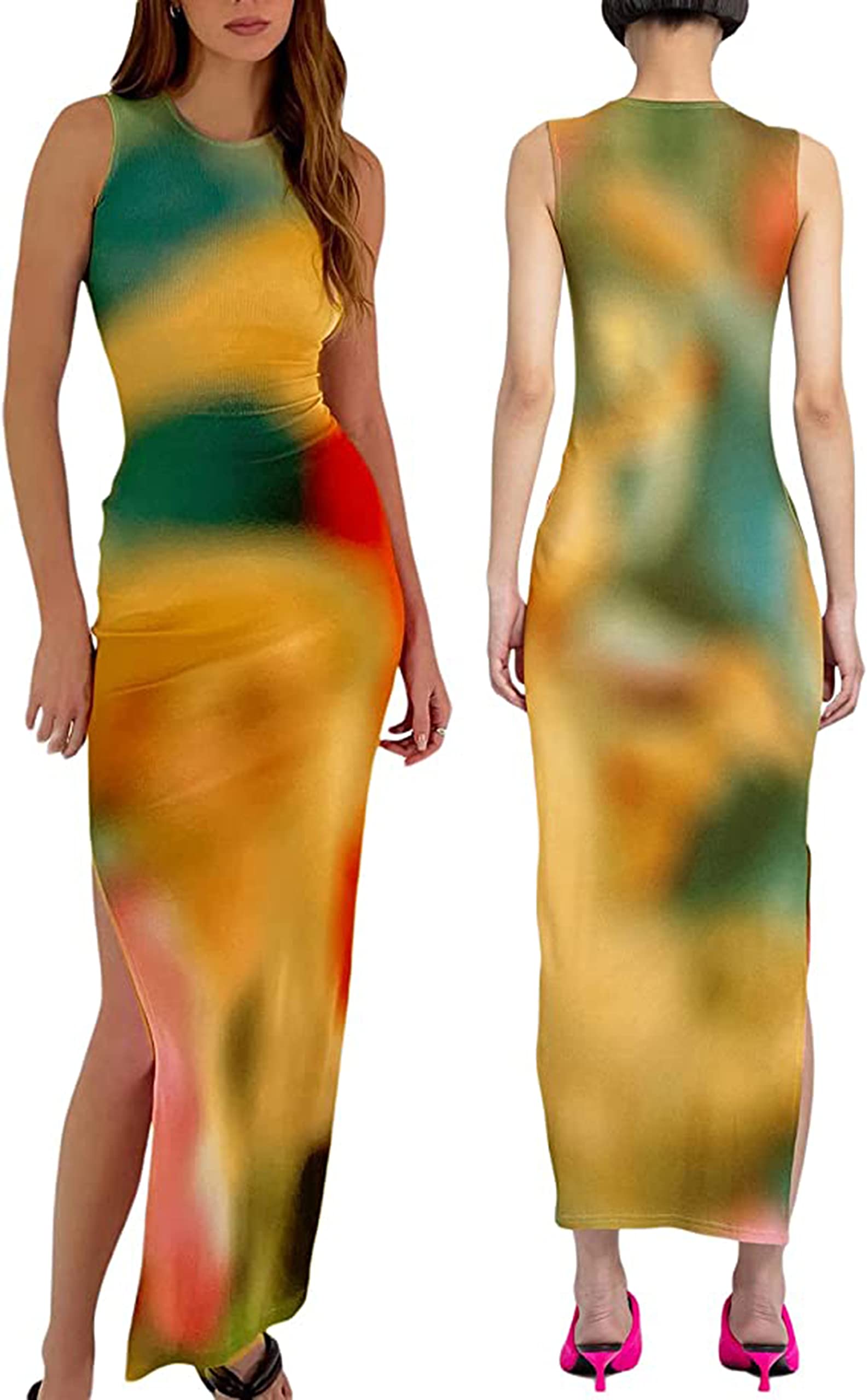 Suillty Women's Y2K Tie Dye Print Sleeveless Bodycon Maxi Dress - Slim Fit Summer Sundress for Beach, Vacation & Casual Outings