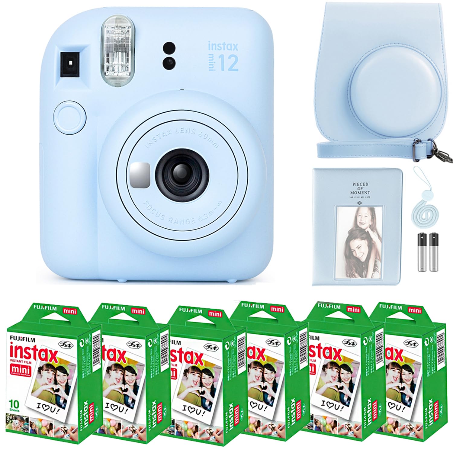 Fujifilm Instax Mini 12 Instant Camera Bundle with 60 Sheets Film, Carrying Case, Photo Album & Stickers - Pastel Blue | Perfect for Travel, Parties & DIY Scrapbooking