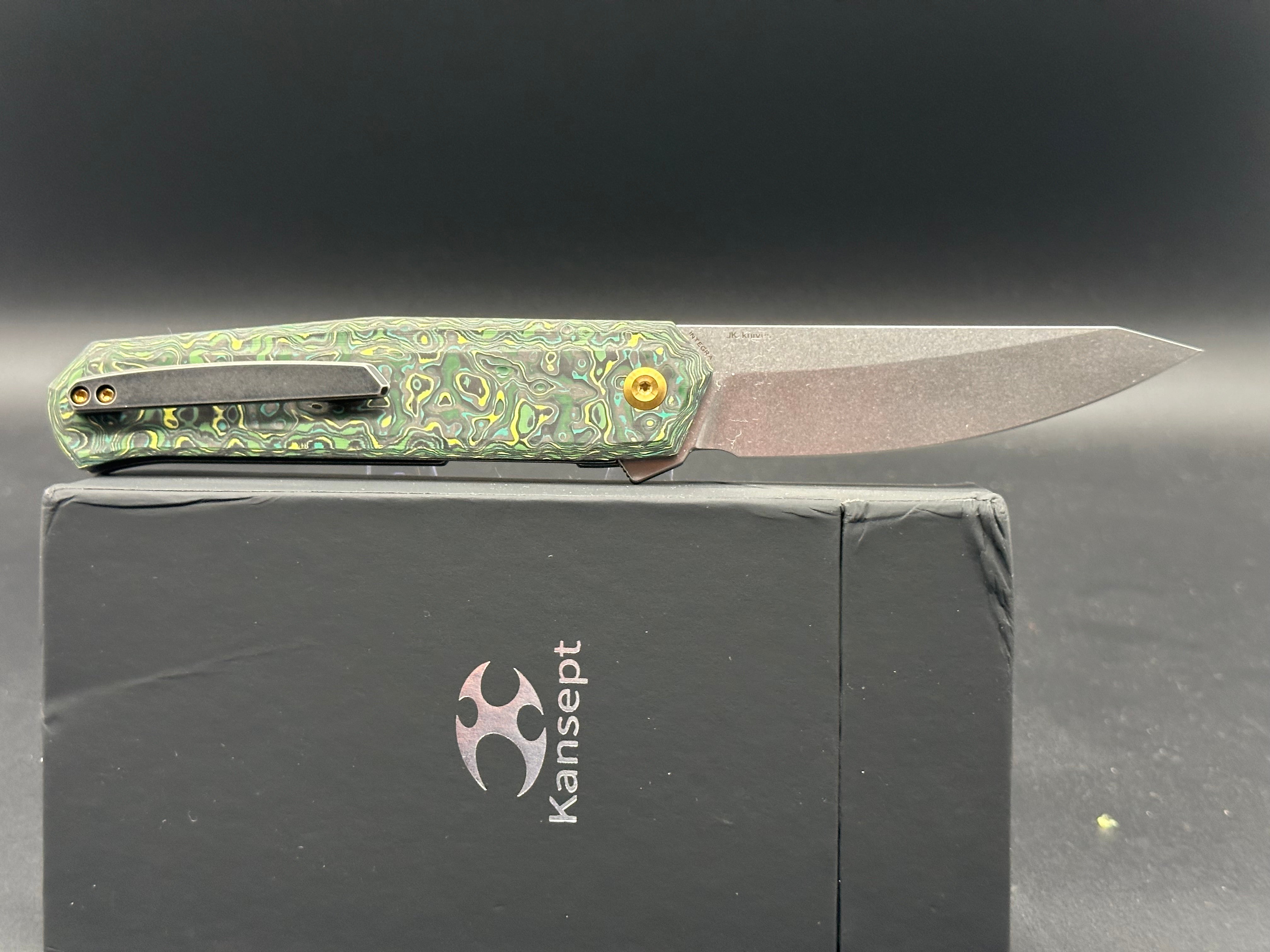 KANSEPT INTEGRA Folding Pocket Knife - Green/Yellow Carbon Fiber Handle, S35VN Steel Plain Edge, Black Stonewash Finish (K1042B3) | EDC, Outdoor Camping, Survival & Everyday Carry Knife