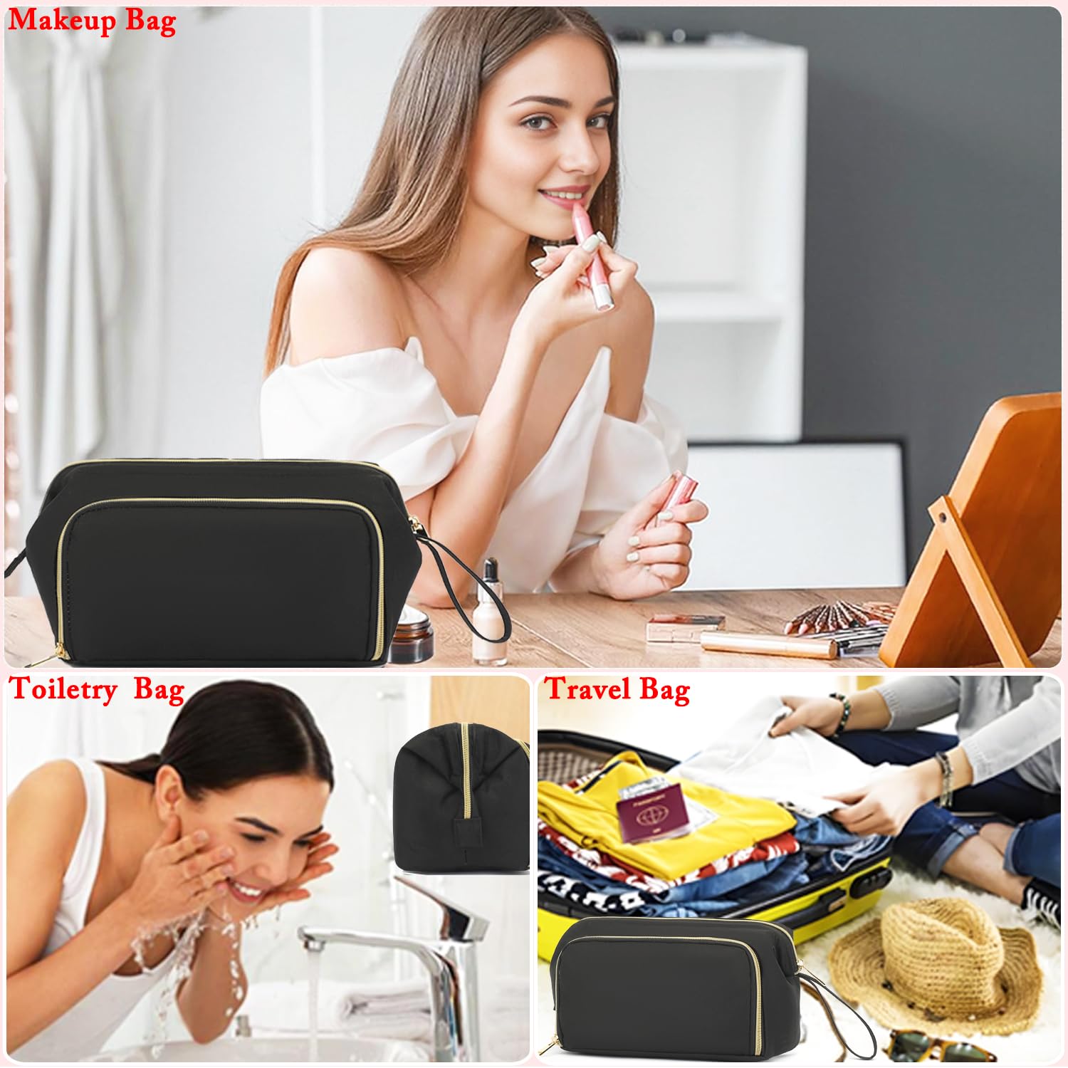 Travel Makeup Bag with Brushes Pocket - Large Cosmetic Organizer for Women | Perfect for Travel & Skincare Storage