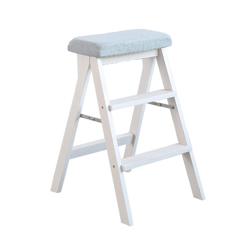 Solid Wood Folding Stool - Multifunctional Kitchen Step Stool with 3-Step Ladder, White & Blue - Perfect for Kitchen, Dining, Living Room, and Outdoor Use
