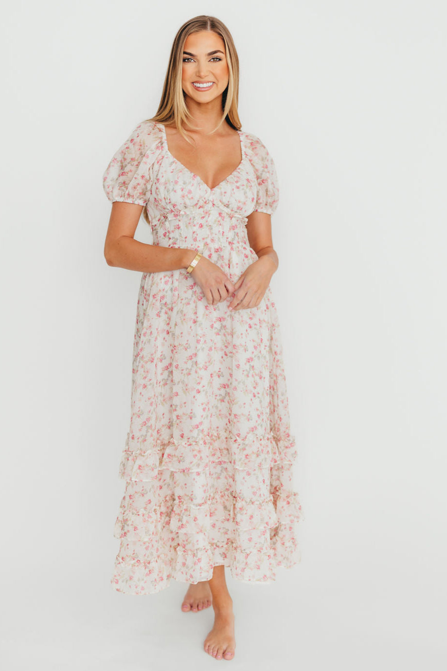 Danielle Corset Maxi Dress - White & Pink Floral Print Women's Formal Gown for Weddings, Parties & Special Occasions