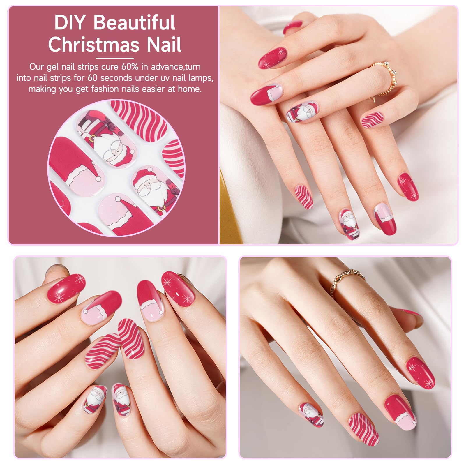 28pcs Christmas Semi Cured Gel Nail Strips - Santa Red Nail Wraps with UV Light for Long Lasting Wear | Easy DIY Nail Art for Holiday Parties & Gift Giving