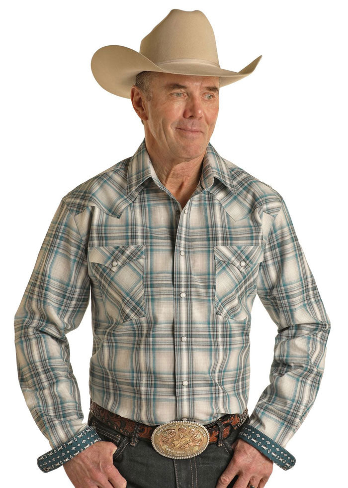 Men's Rough Stock Snap Long Sleeve Shirt - Western Plaid Work Shirt for Cowboy, Ranch & Outdoor Activities - Teal Blue Casual Button Up Shirt for Men