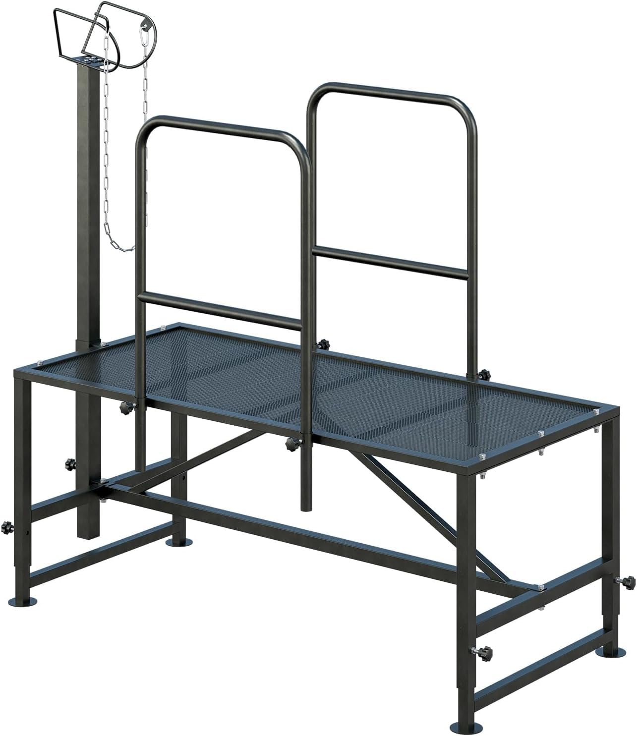 Heavy Duty Adjustable Metal Goat Milking Stand with Railings & Headpiece - Livestock Grooming Stand for Sheep, Goats - Perfect for Hoof Trimming, Milking & Veterinary Care (Black)