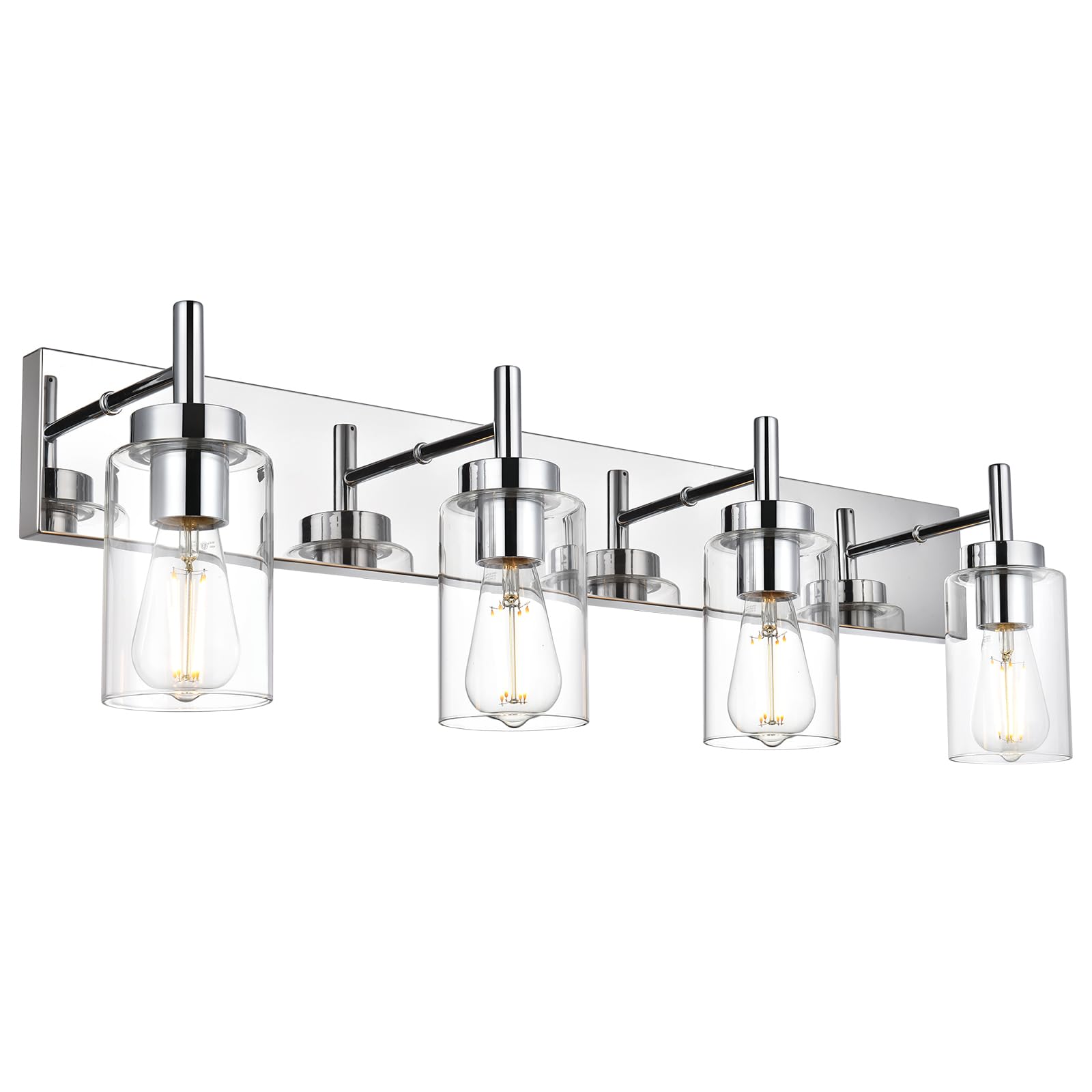 Modern Bathroom Lighting Fixture - 4-Light Vanity Light with Clear Glass Shade, Chrome Finish Industrial Wall Sconce for Bedroom & Hallway (Patent No. US D958,438 S) - Perfect for Contemporary Home Decor, Spa-Like Bathrooms and Elegant Entryways