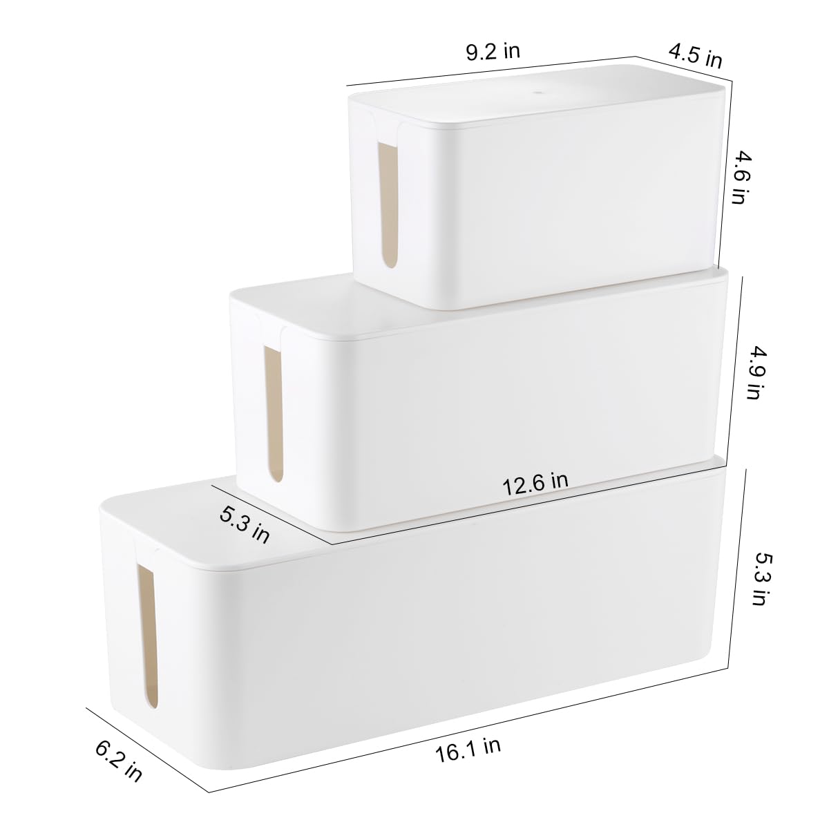 3 Pack Cable Management Box Set with 18 Pieces - Large, Medium & Small Cord Organizer Box to Hide Wires & Power Strips | TV Cable Organizer for Home Office Desk | White Storage Solution for Electronics & Entertainment Centers