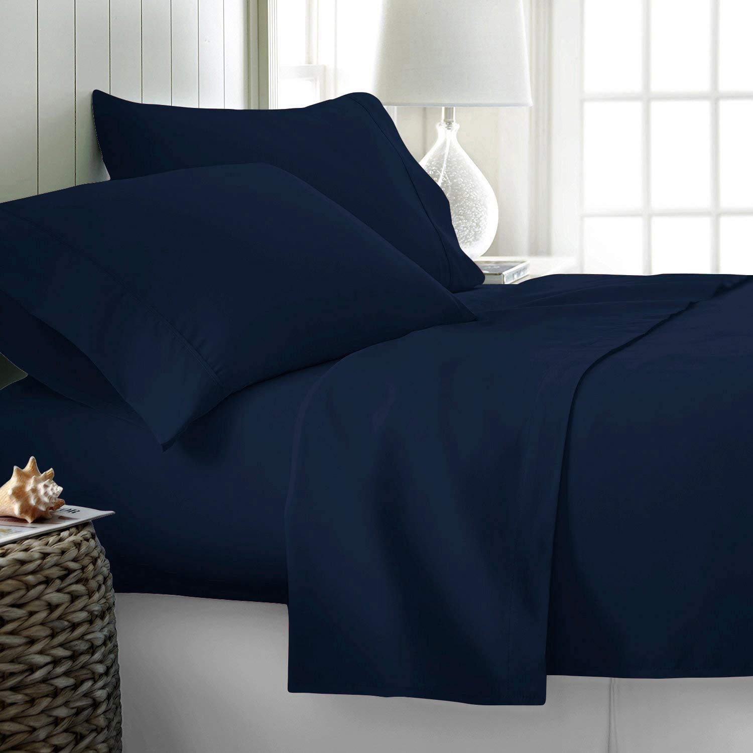 Luxury 1200 Thread Count 100% Cotton Bed Sheets Set - Queen Size 4-Piece Deep Pocket (25-27'') Buttery Soft Solid Navy Blue - Perfect for Master Bedroom, Guest Room & Hotel Use