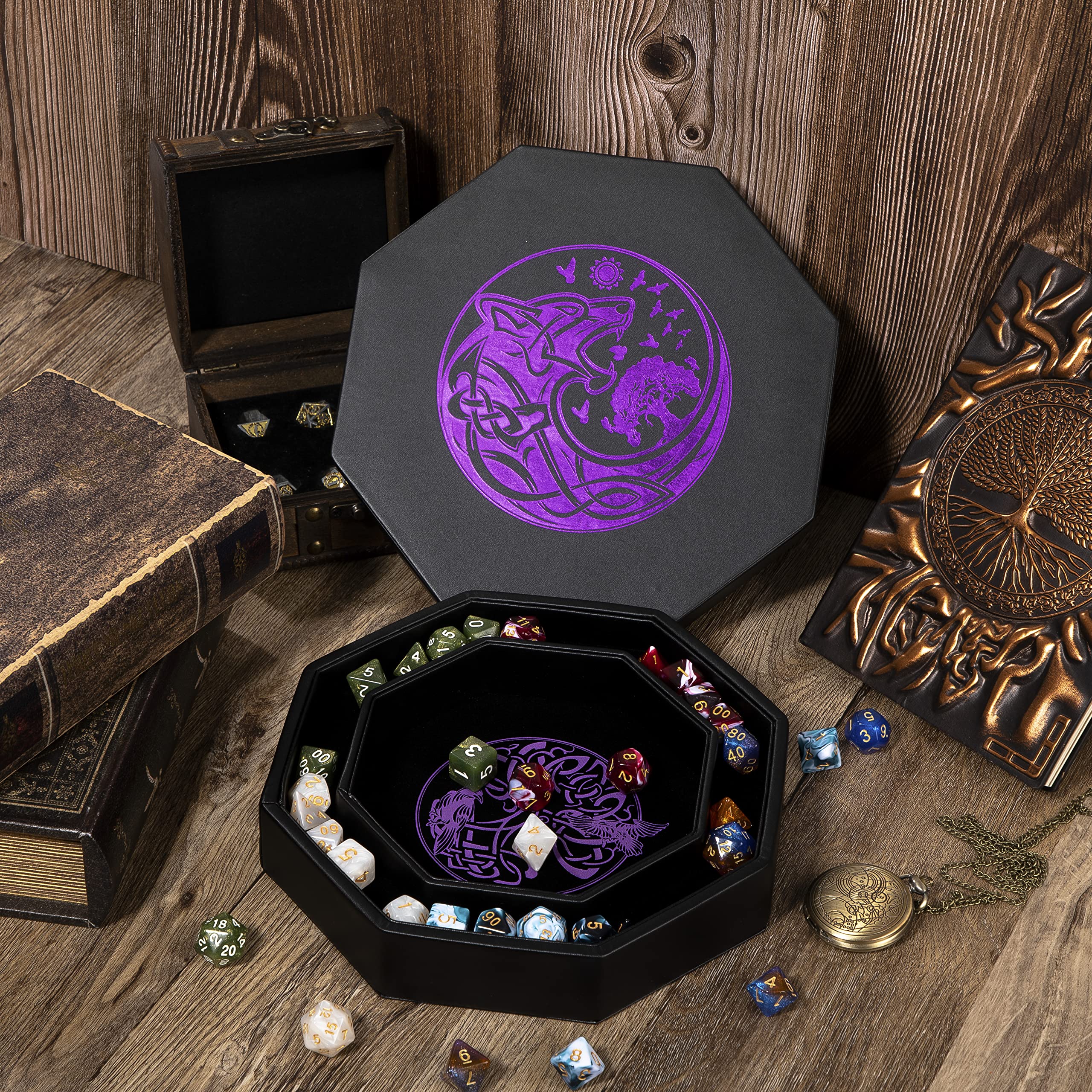 Premium 8 Inch DND Dice Tray for Dungeons & Dragons - Exquisite Purple World Tree & Wolf Raven Design - Dice Rolling Tray with Storage Box for RPG Tabletop Games - Perfect for D&D Sessions & Game Nights