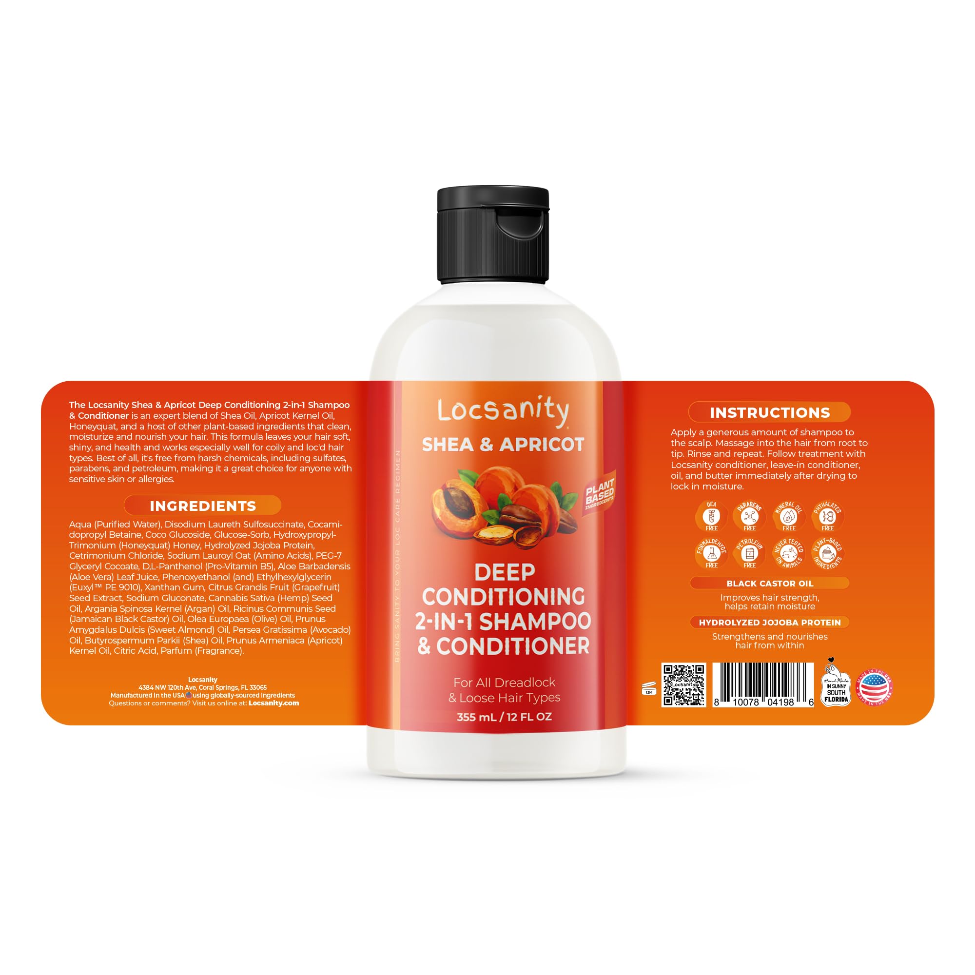 Locsanity Shea Apricot Natural Moisturizing Shampoo for Kinky, Coily, Curly Hair - Deep Hydration & Nourishment - 12 oz - Perfect for Dry, Damaged & Natural Hair Care Routine