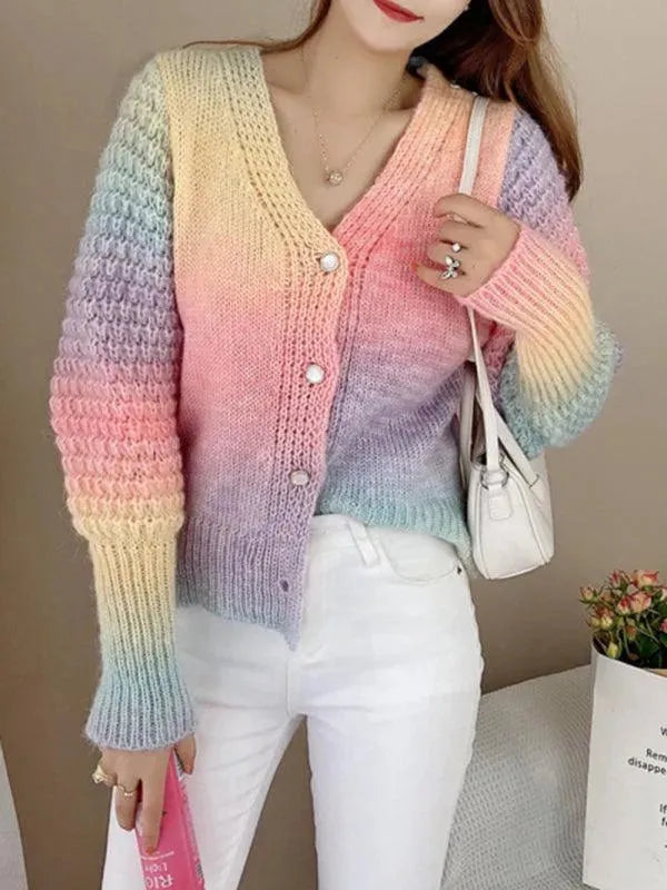 Rainbow Gradient Women's Cardigan Sweater - Soft Knit Open Front Long Sleeve Cover Up for Spring & Fall | Perfect for Office, Date Night & Casual Outfits