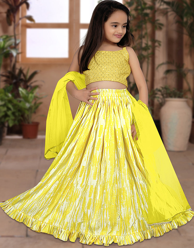 All-Season Designer Heavy Sequins Work Silk Yellow Kids Lehenga Choli with Soft Net - Perfect for Festivals, Weddings & Special Occasions