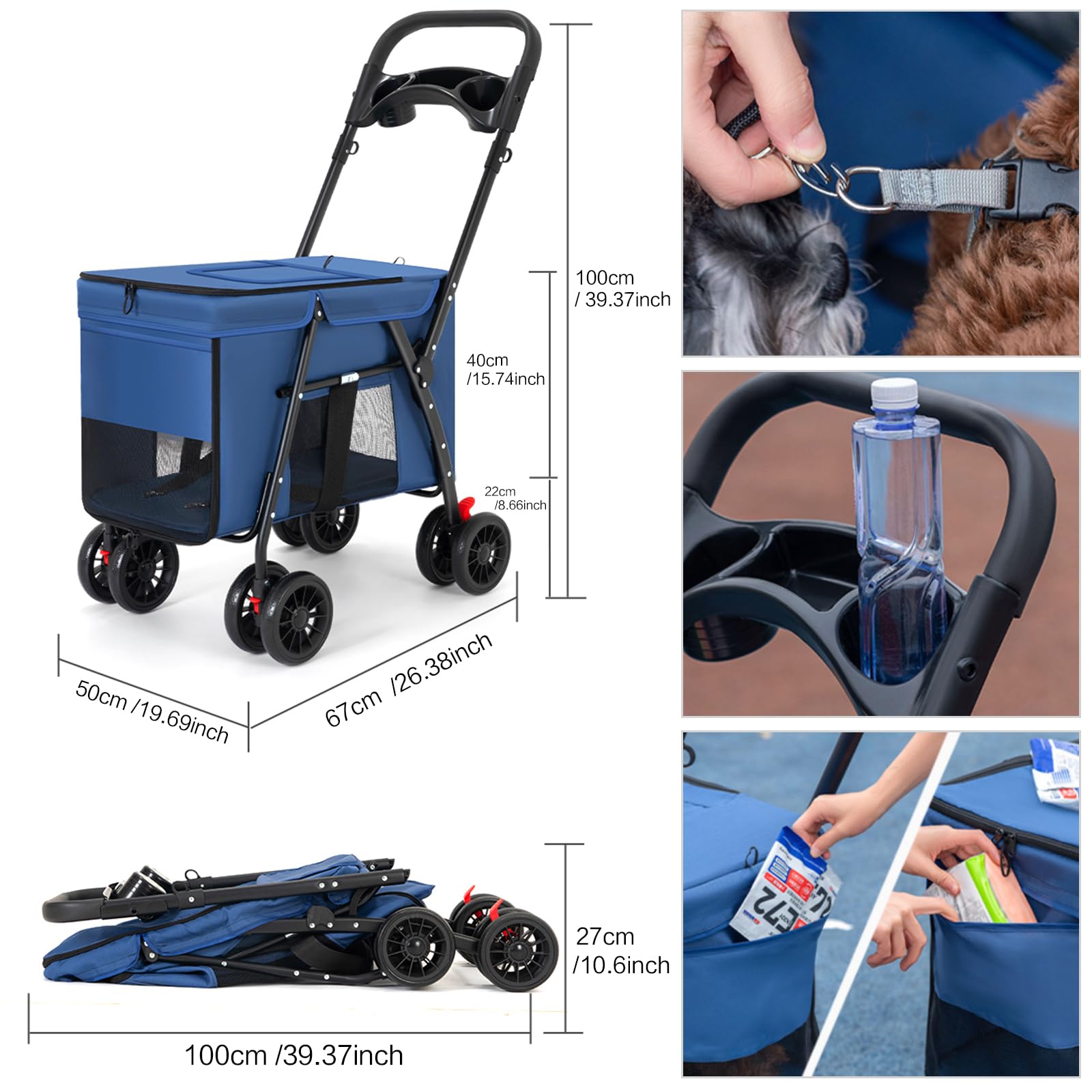 Blue Folding Pet Stroller for Cats & Dogs - Travel Carrier for Outdoors