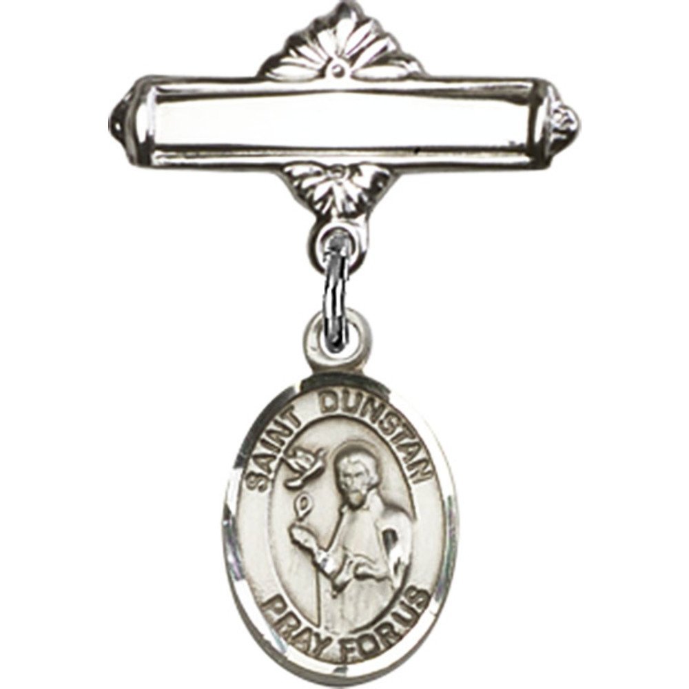 Sterling Silver Baby Badge with St. Dunstan Charm - 1 X 5/8 Inch Polished Pin - Perfect for Christenings, Baptisms & Baby Blessing Gifts