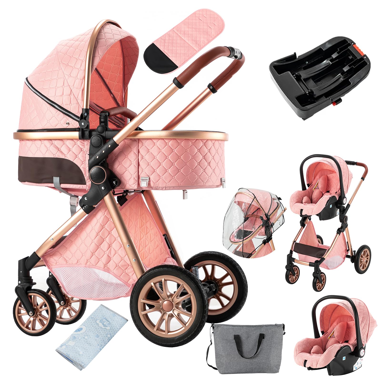 3 in 1 Reversible Baby Stroller Travel System - Foldable Luxury Pram Buggy with Car Seat Base, Lightweight & Portable for Newborn to Toddler (Pink) | Perfect for Shopping, Travel & Daily Walks