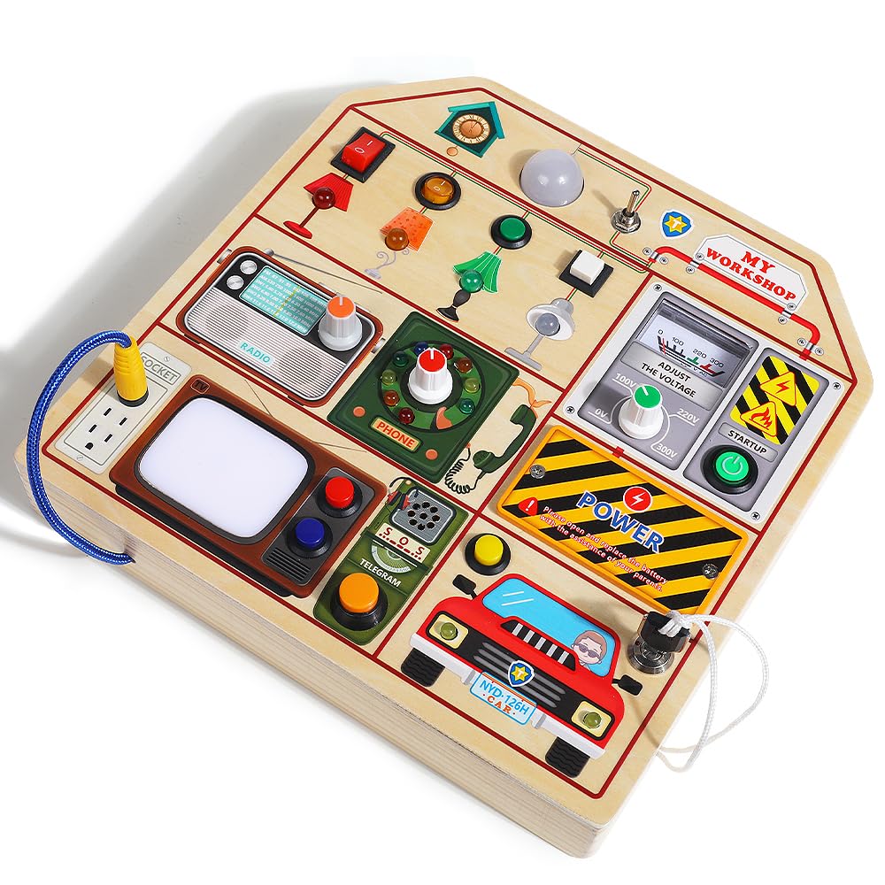 Montessori Wooden Busy Board for Toddlers 1-3 Years Old - Sensory Learning Toy with LED Lights, Switches, TV, Radio & Car Driving - Travel & Birthday Gift for Boys & Girls - Perfect for Airplane, Car Rides & Home Playtime