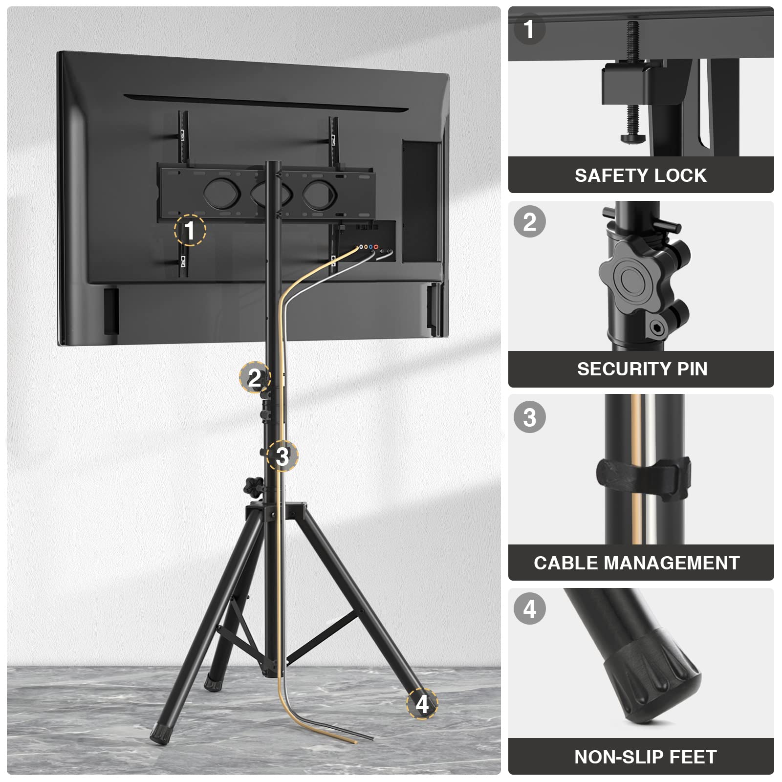 Heavy Duty Tripod TV Stand for 23-75 Inch Flat & Curved TVs - Adjustable Height Outdoor TV Mount with ±15° Tilt, 100 lbs Capacity & Safety Lock - Universal VESA 600x400mm - Perfect for Patio, Backyard, Camping & Tailgating - Black