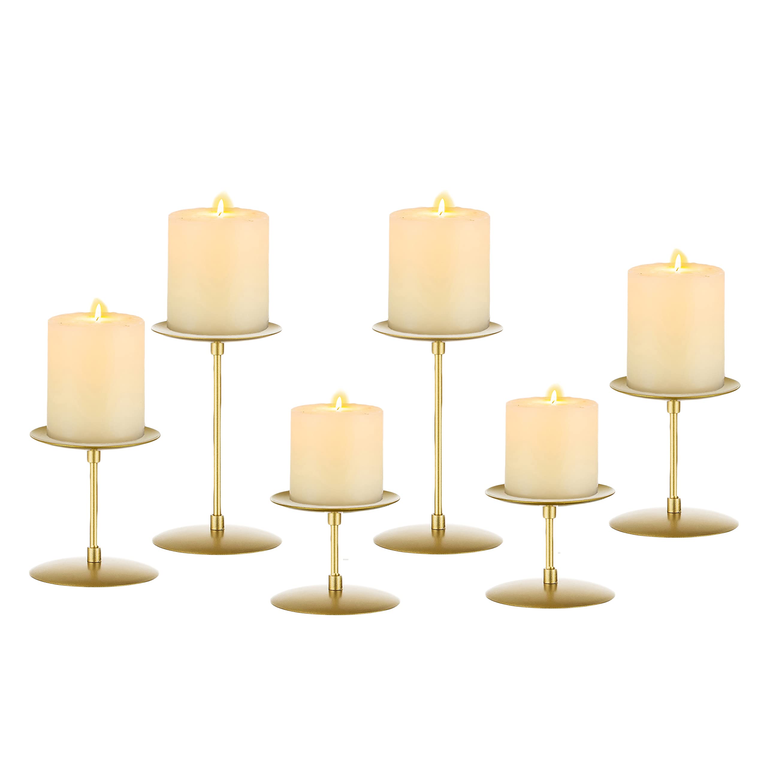 Set of 6 Modern Iron Candelabra Candle Holders - Minimalist Gold Pillar Candle Stands for Dining Table, Mantel & Wedding Decor | Christmas Centerpiece, Party & Event Decoration