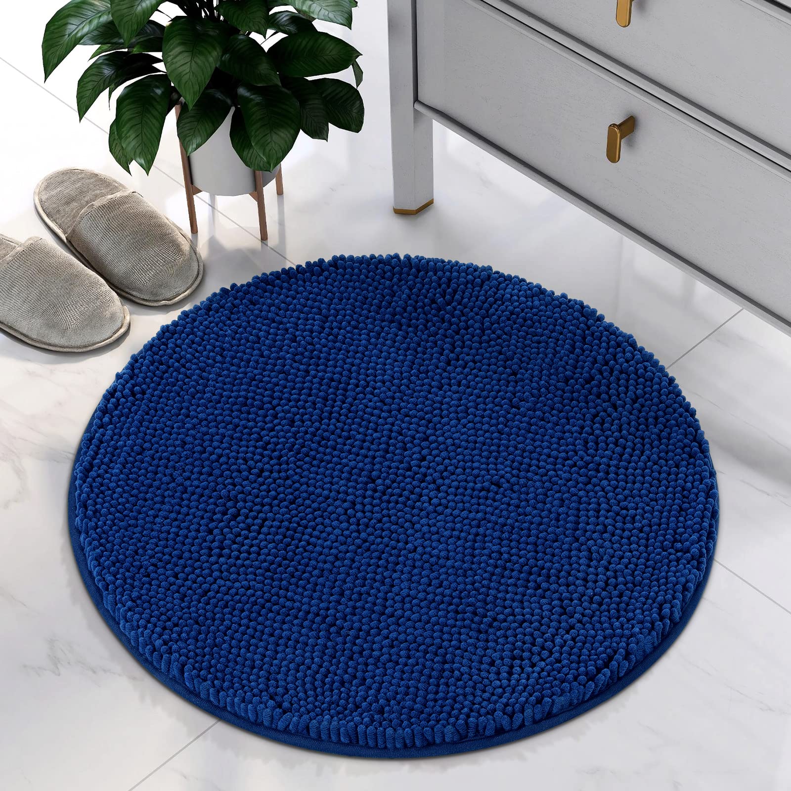 Premium Chenille Shaggy Bath Mat - Ultra Soft, Absorbent & Non-Slip Round Bathroom Rug (2ft, Navy Blue) | Machine Washable for Easy Care | Perfect for Bathroom, Shower & Vanity Areas